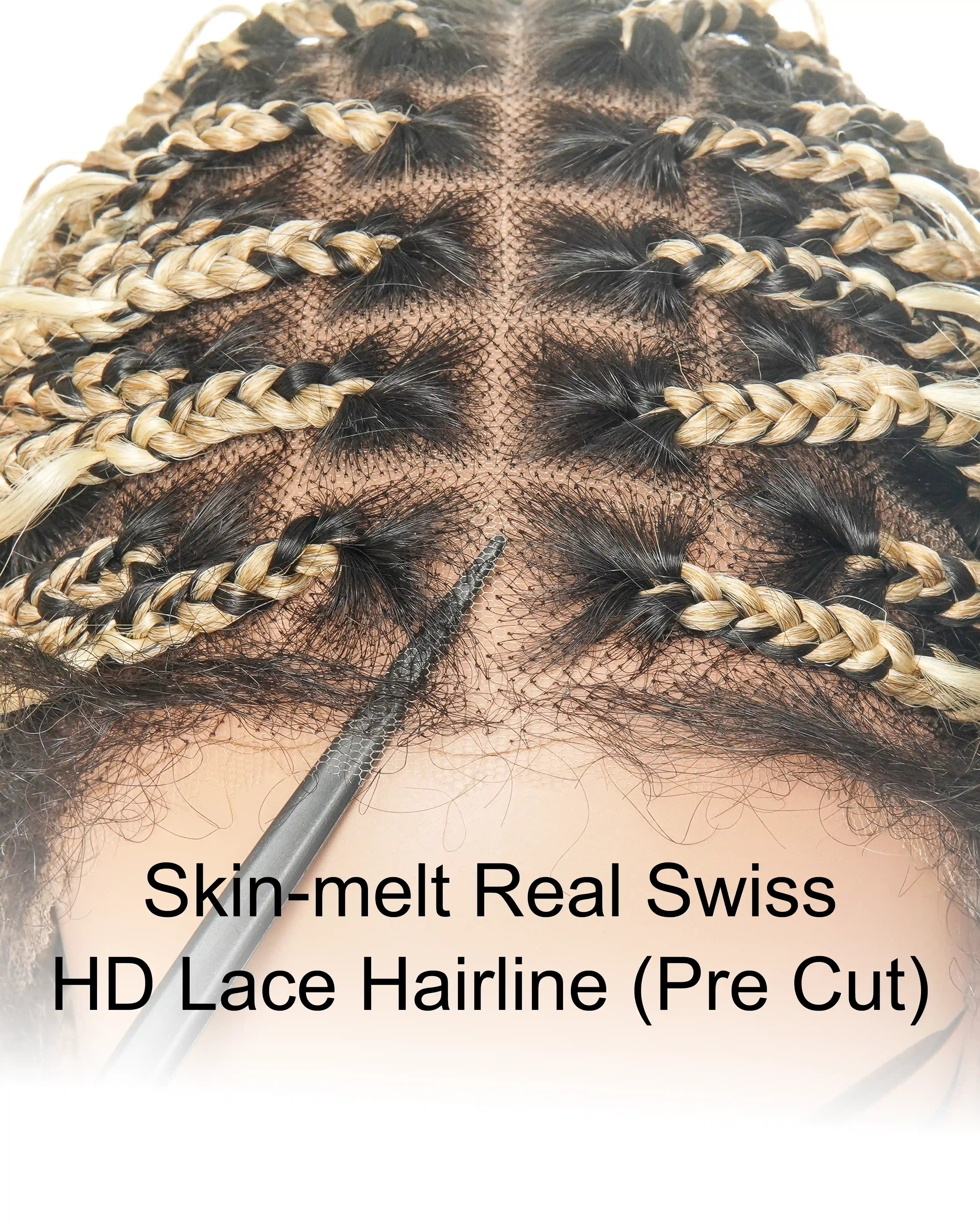 36" Human Hair Boho Curls Swiss HD Lace Knotless Box Braided Wig Full Hand-tied - Human Baby Hair