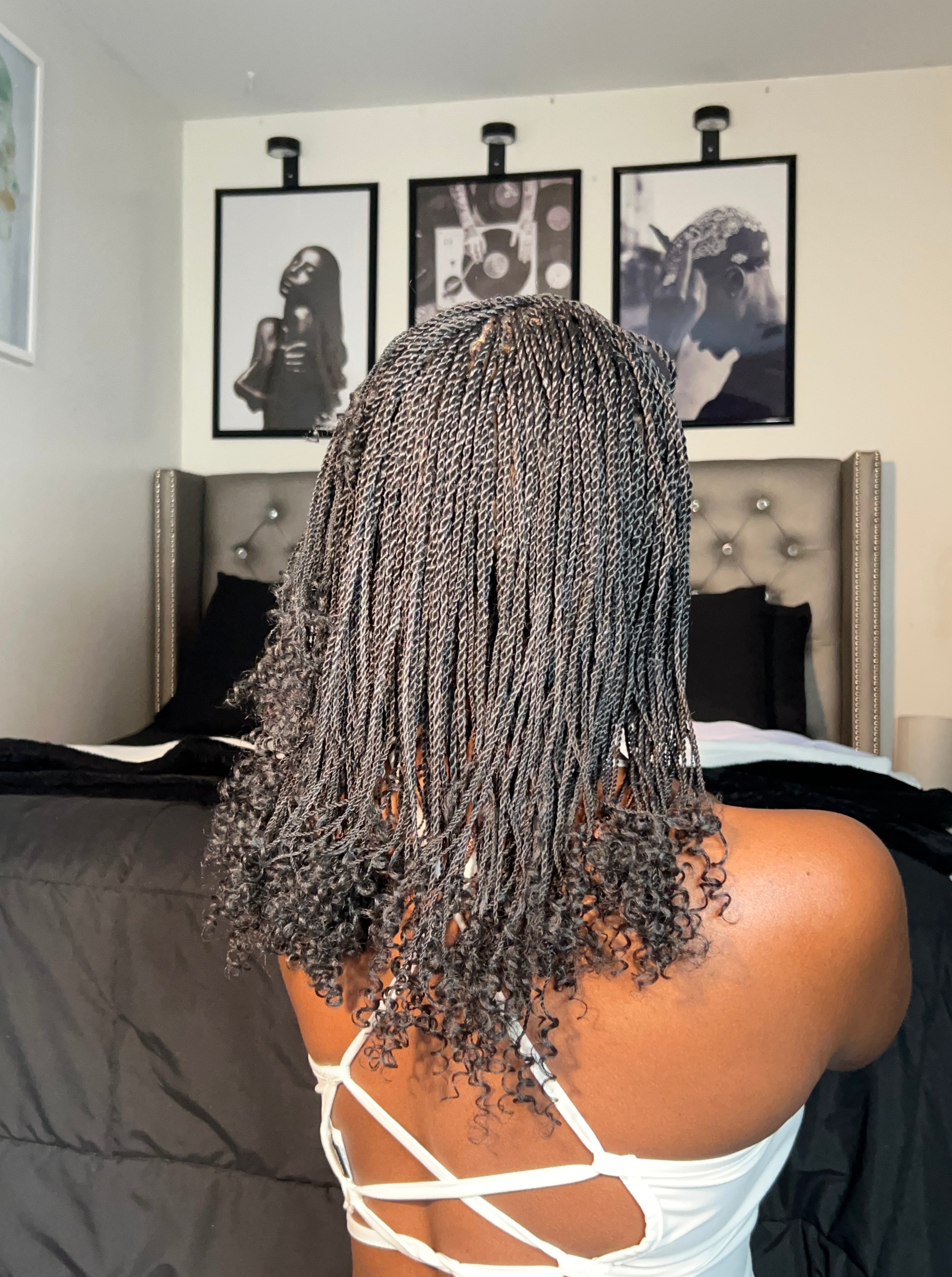 Tina - Senegalese Mini Twist Braided Wig 14" Full Hand-tied Swiss HD Lace With Curly Ends - Human Baby Hair