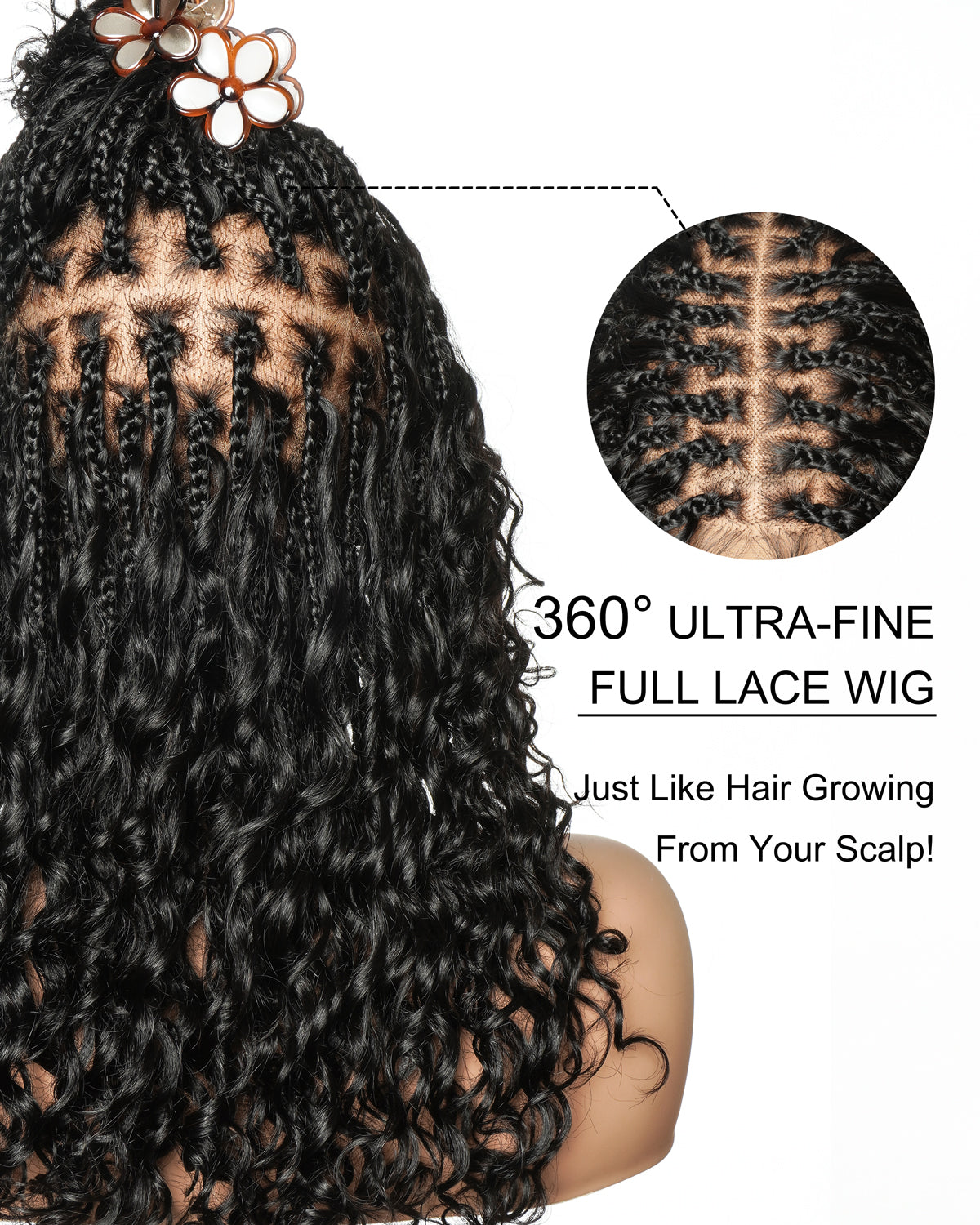16" Drawstring Cap 100% Human Hair Swiss HD Full Lace Water Wave Boho Box Braided Wig Pre Cut & Pre Bleached & Pre Plucked