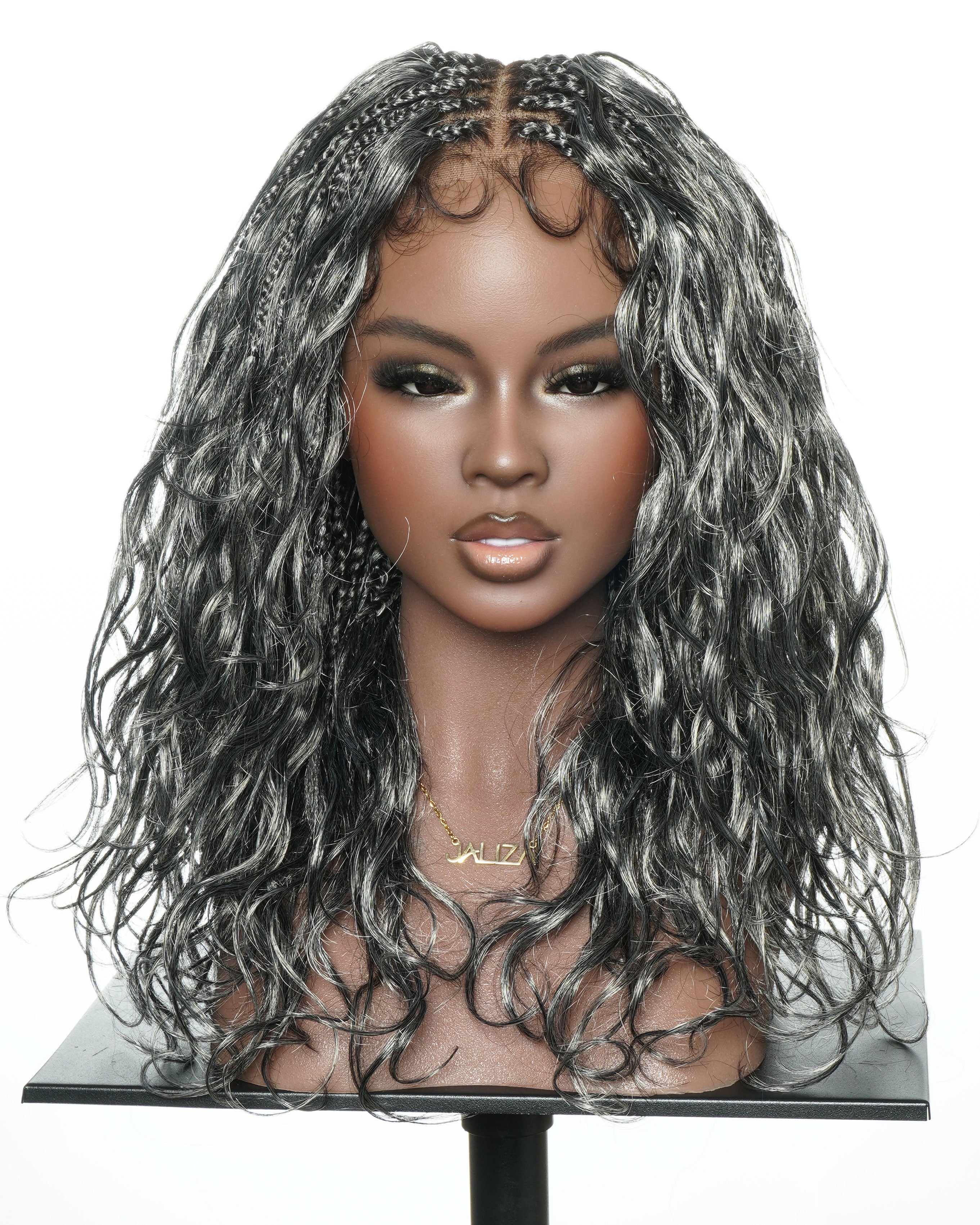 Michelle Salt & Pepper HD Full Lace Boho Braided Wig - Human Hair & Synthetic Blend Curls 1B Base
