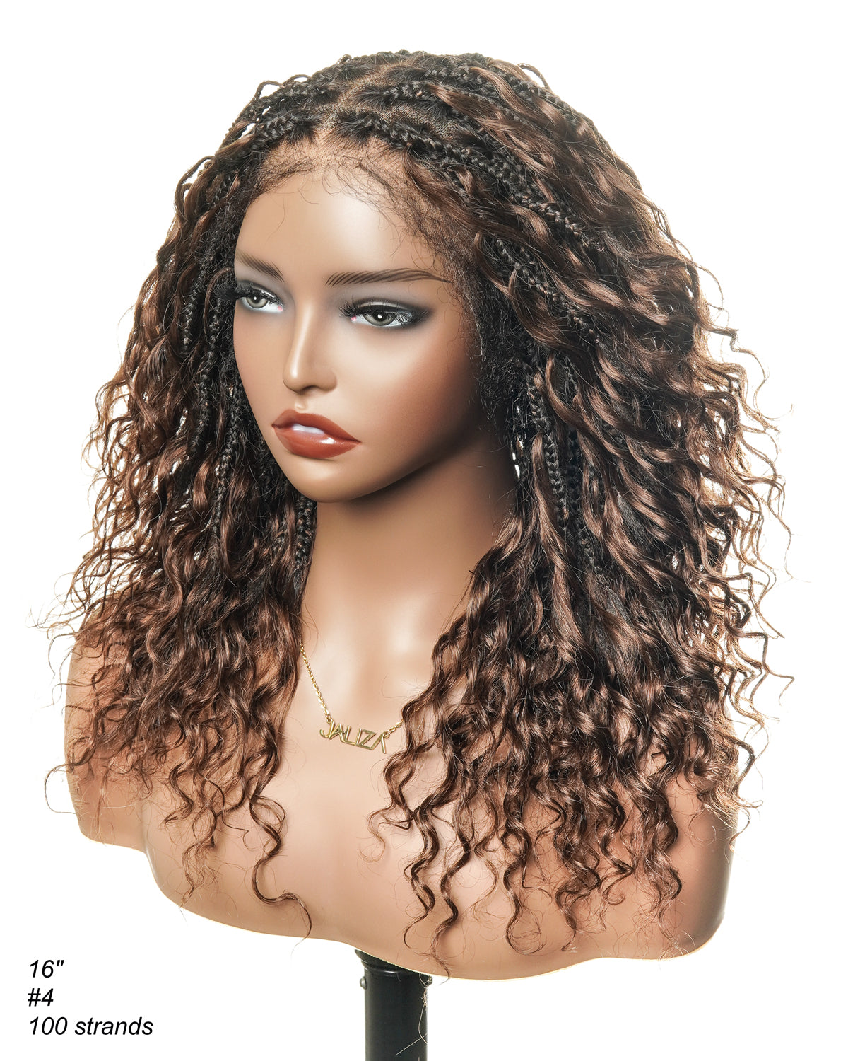 Color #4 16" Human Hair Lace Base & Boho Curls HD Full Lace Boho Box Braided Wig