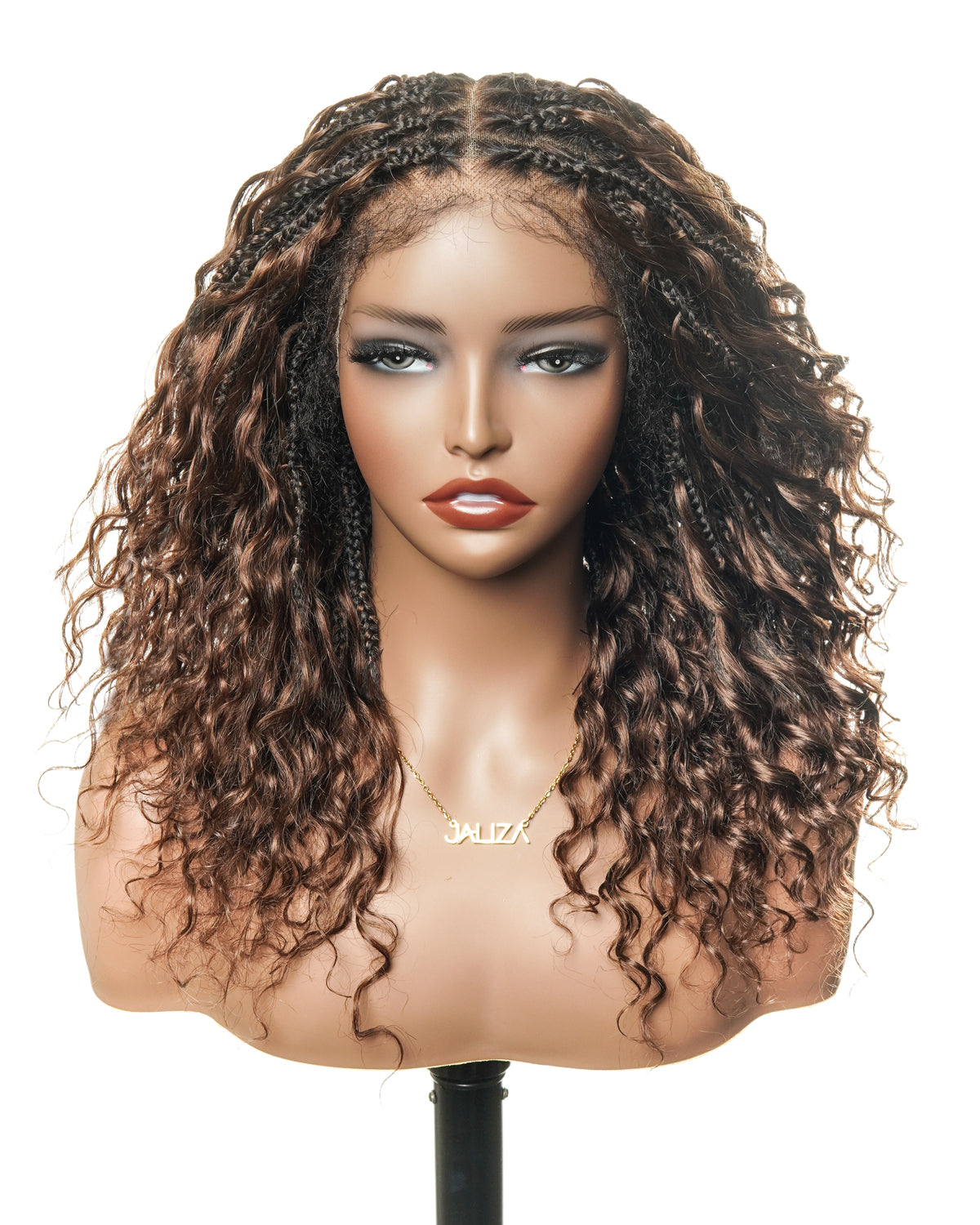 Color #4 16" Human Hair Lace Base & Boho Curls HD Full Lace Boho Box Braided Wig