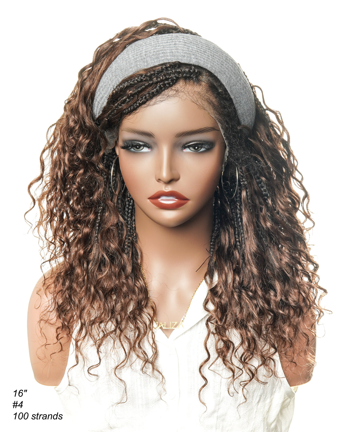 Color #4 16" Human Hair Lace Base & Boho Curls HD Full Lace Boho Box Braided Wig