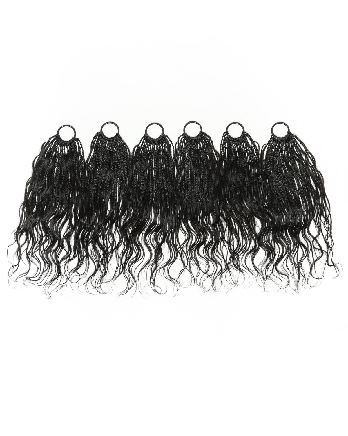 Set of black hair extensions with wavy texture on a white background