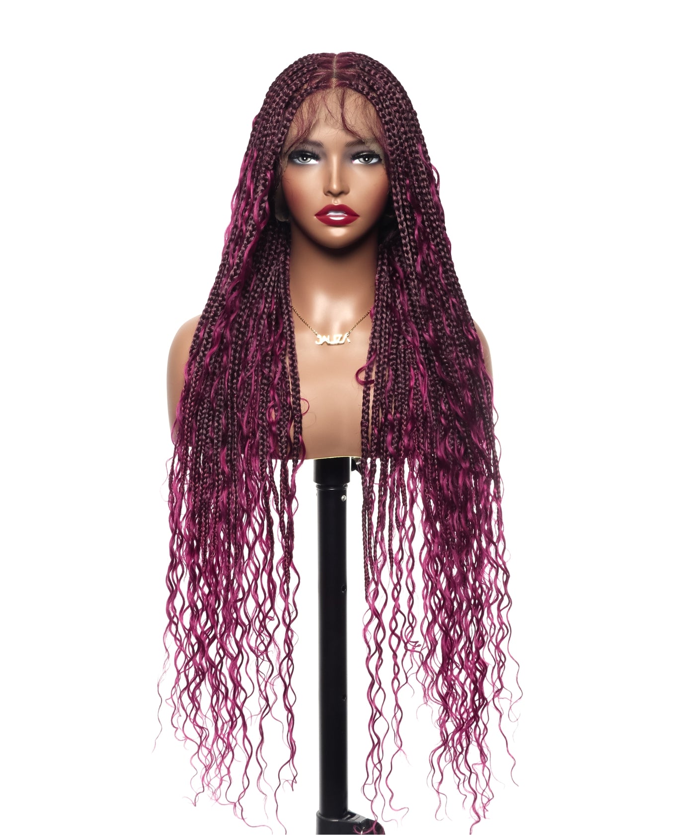 JALIZA 36 inch Burgundy Knotless Boho Box Braids Full Lace Braided Wig (Mannequin - Front View)