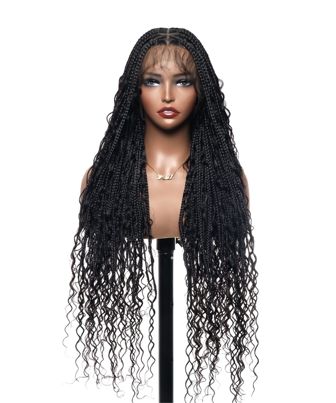JALIZA 36 inch Black Boho Box Braids Full Lace Transparent Lace Braided Wig Middle Part (Mannequin - Front View)