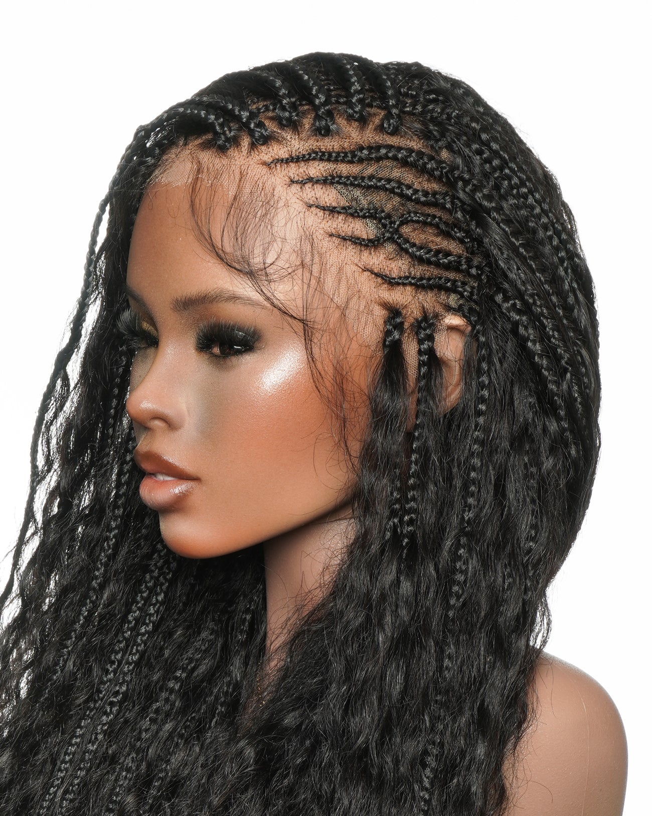 Avery - Fulani 2 Steps Pre Bleached Full lace Cornrow Human Hair Curls Boho Box Braided Wig