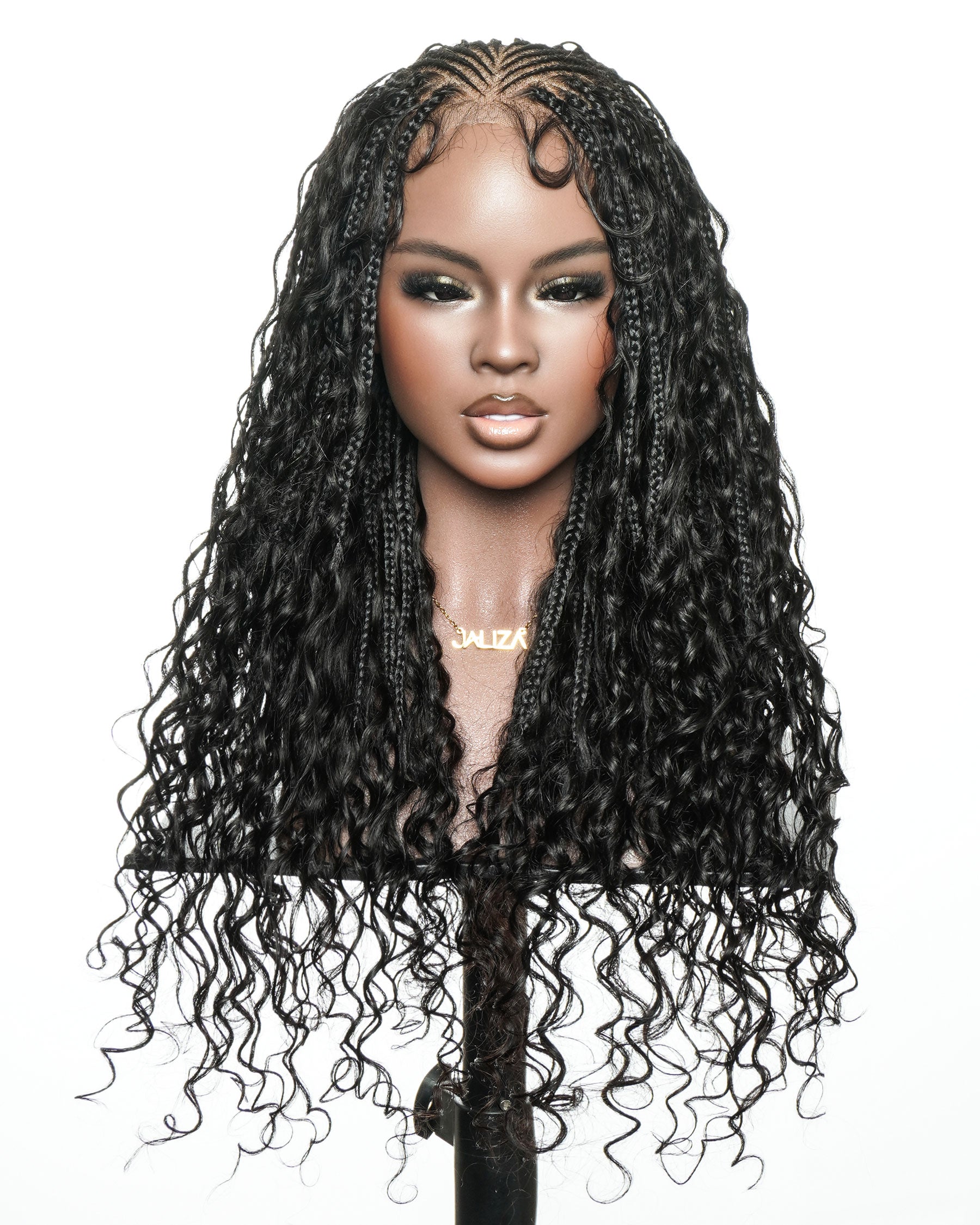 Avery Fulani Human Hair Glueless Swiss HD Lace Cornrow Frontal Boho Box Braided Wig Deep Wave 24 Inches