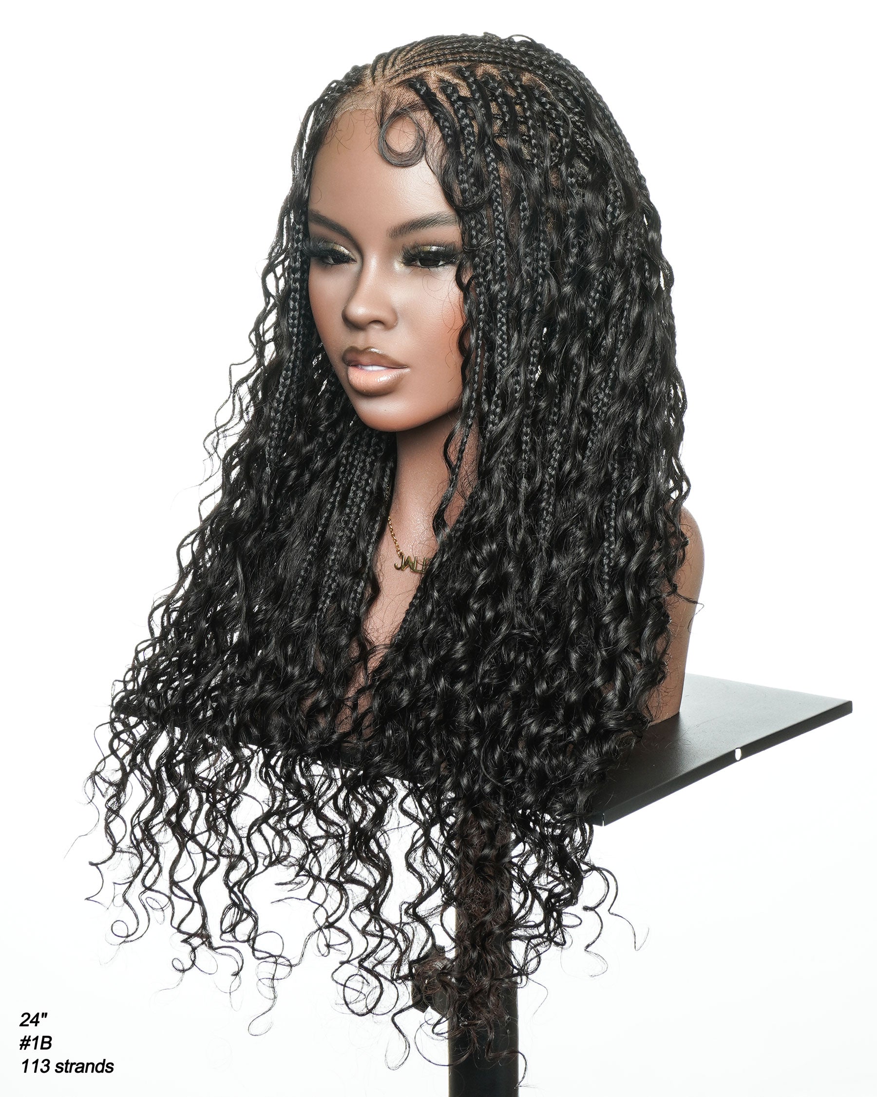 Avery Fulani Human Hair Glueless Swiss HD Lace Cornrow Frontal Boho Box Braided Wig Deep Wave 24 Inches