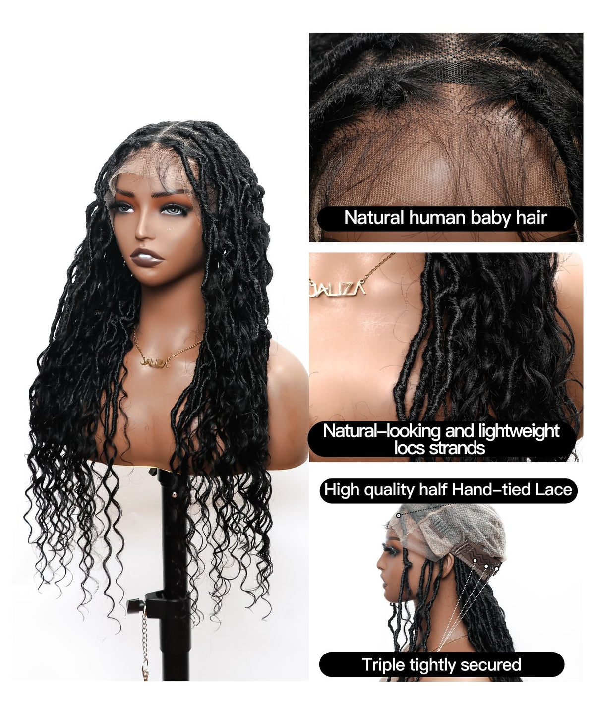 JALIZA Black Boho Locs Braids Full Hand-tied HD Lace Braided Wig (Mannequin - Front View)