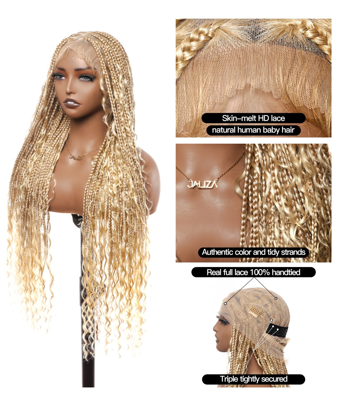 613 Color Square Base Human Hair Boho Curls Full Lace Knotless Boho Box Braided Wig 36" 86 Strands