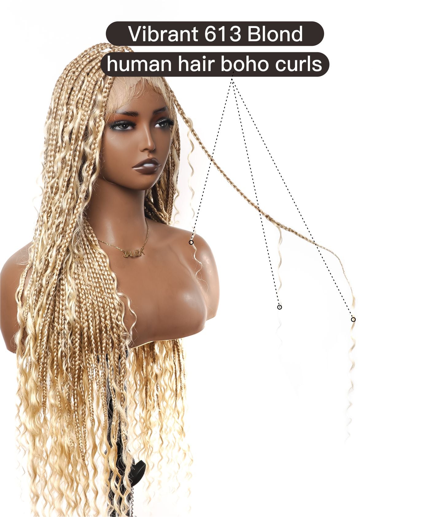 613 Color Square Base Human Hair Boho Curls Full Lace Knotless Boho Box Braided Wig 36" 86 Strands