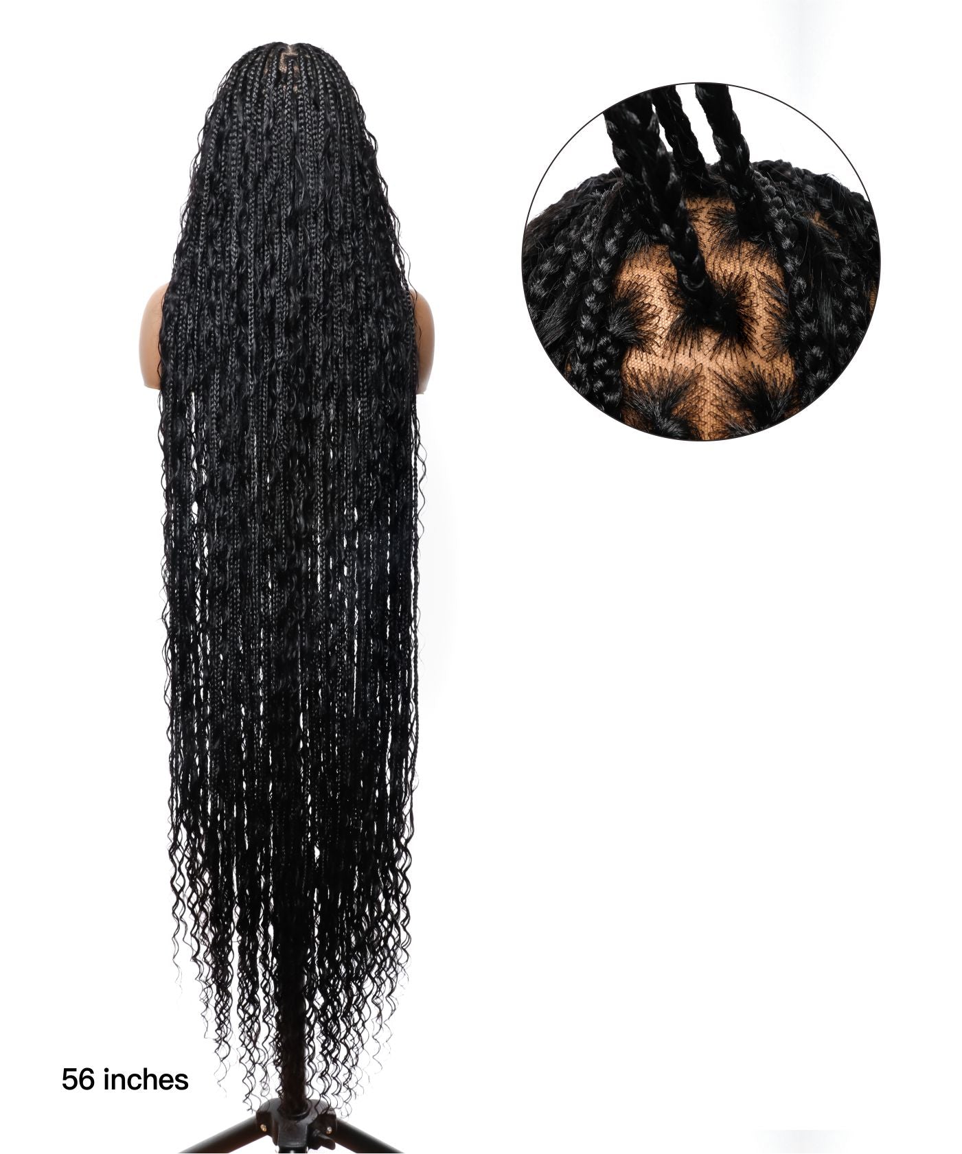 Pre Bleached Human Hair Lace Tangleless 56" HD Lace Knotless Box Boho Braided Wig 100 Strands - Human Hair Roots & Boho Curls & Baby Hair