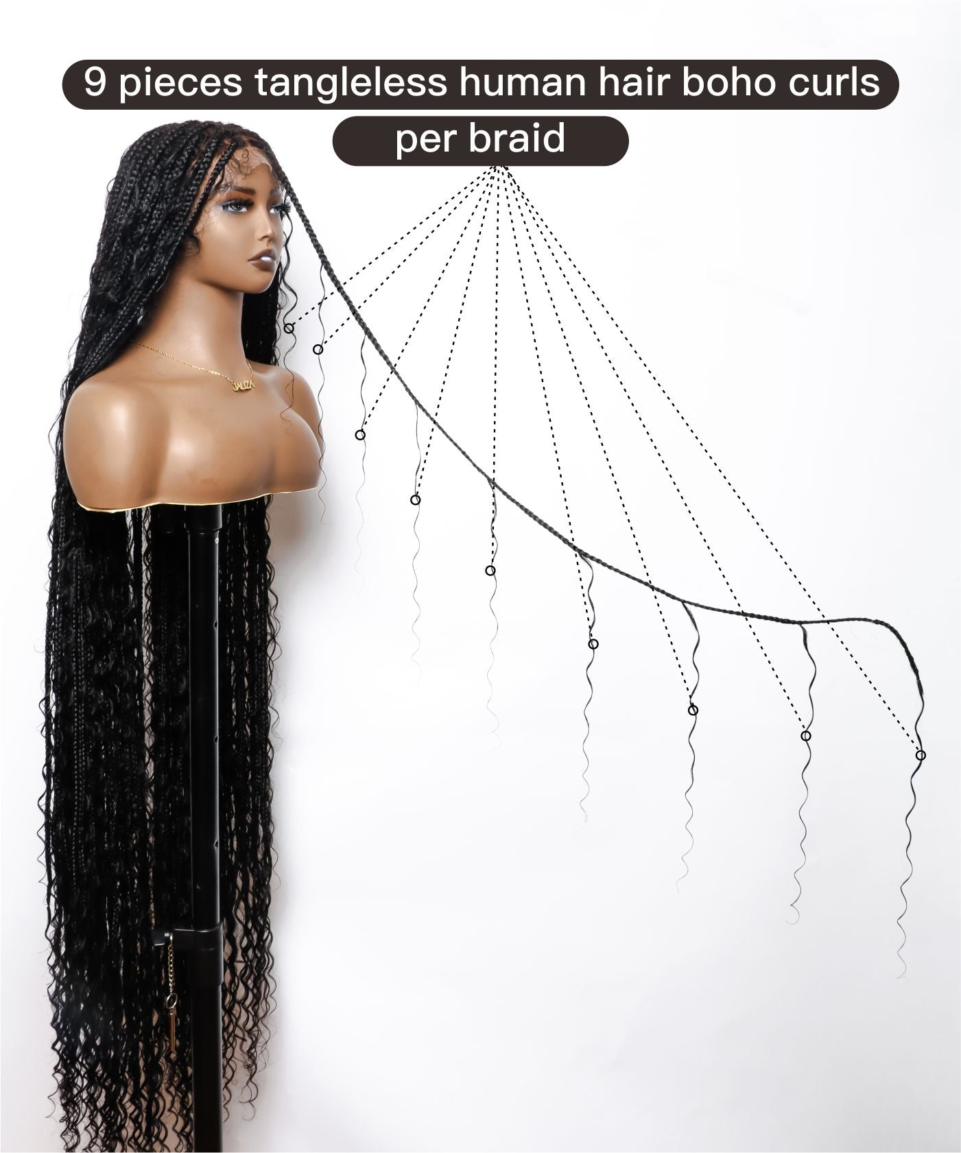 Pre Bleached Human Hair Lace Tangleless 56" HD Lace Knotless Box Boho Braided Wig 100 Strands - Human Hair Roots & Boho Curls & Baby Hair