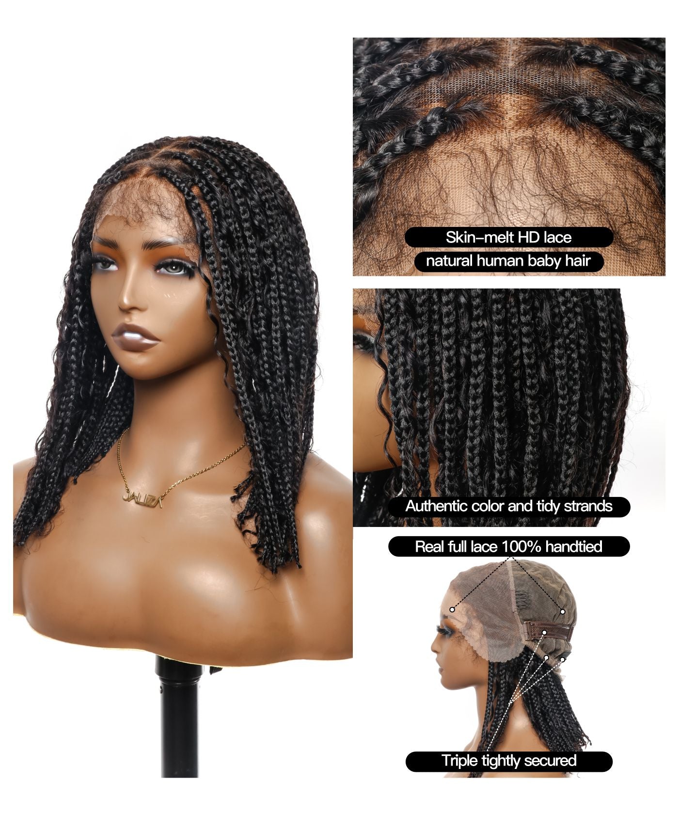 Small & Large Head Size  Exclusive - Pre Bleached Human Hair Lace 12"&24" HD Lace Knotless Boho Box Braided Wig 88 Strands