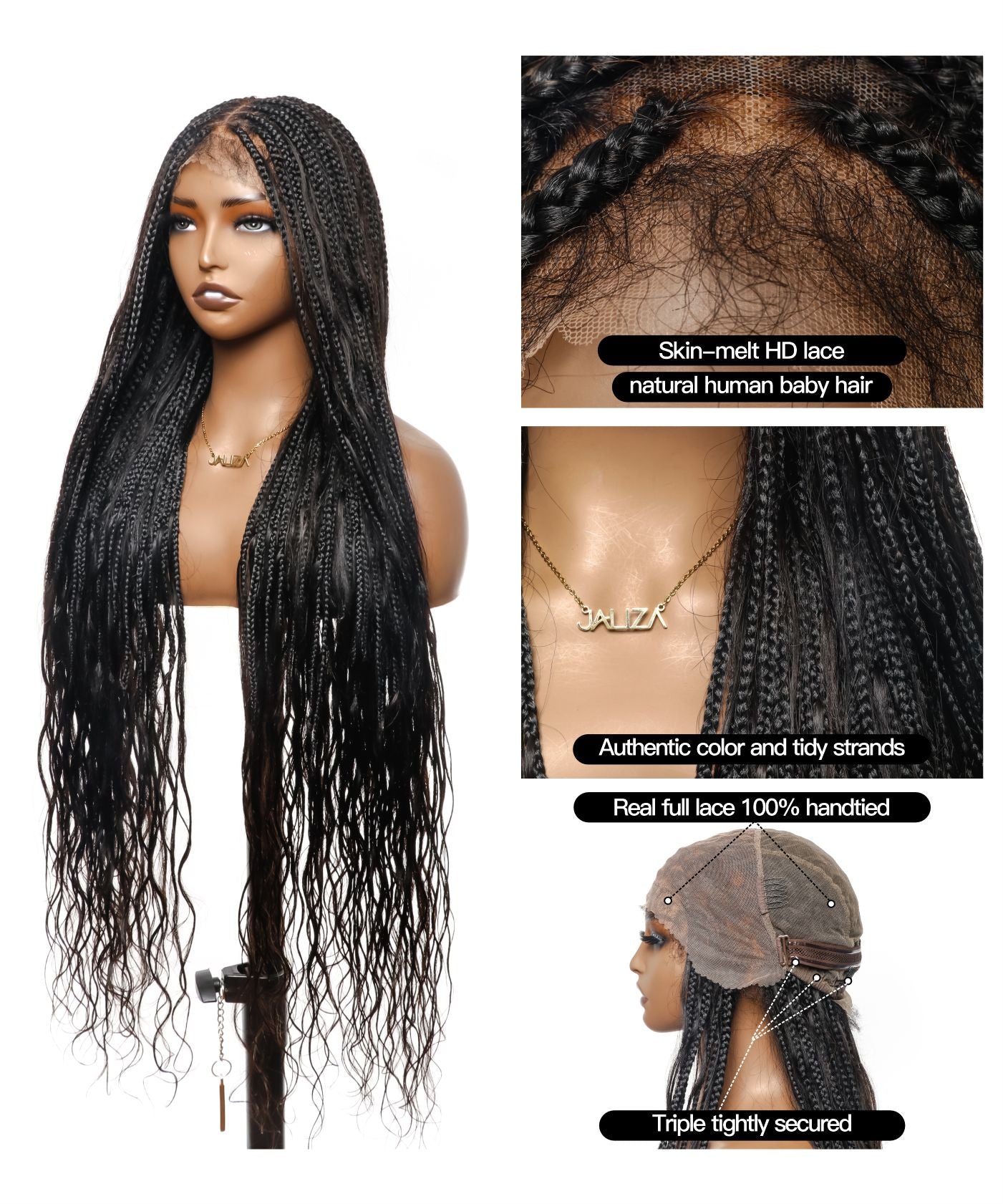 Human Hair Loose Body 42" Full Lace Knotless Boho Box Braided Wig 121 Strands (US Warehouse)