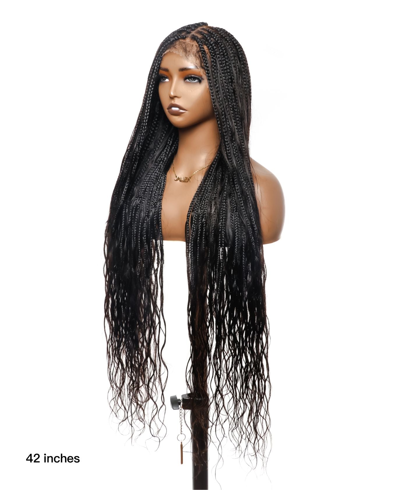 Human Hair Loose Body 42" Full Lace Knotless Boho Box Braided Wig 121 Strands (US Warehouse)