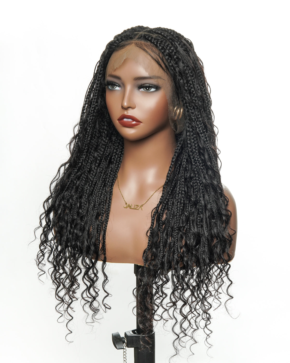Full Transparent Lace Human Hair Boho Curls Knotless Boho Box Braided Wig 86 Strands