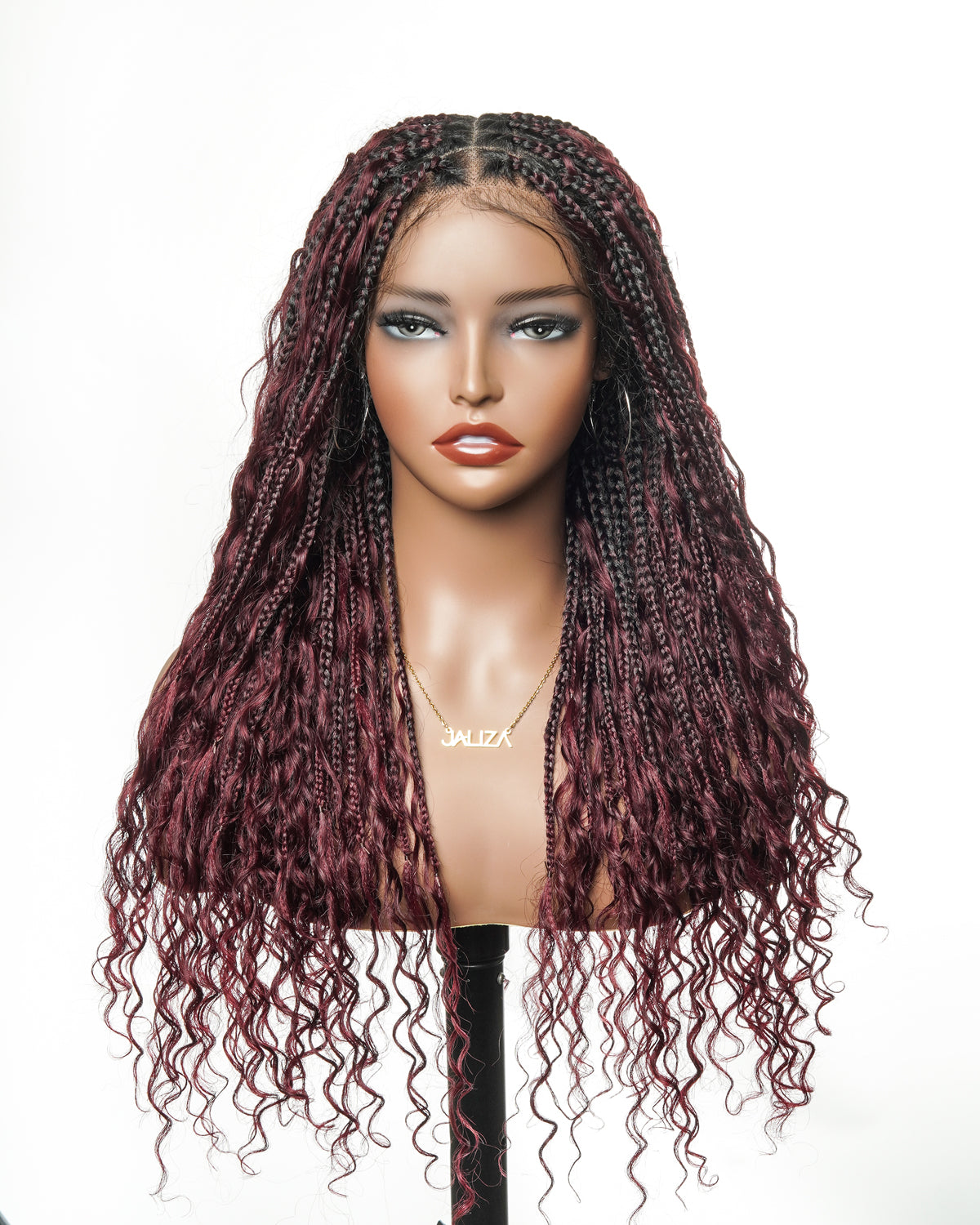 Dark Burgundy 99J Pre Bleached HD Full Lace Human Hair Boho Curls Boho Box Braided Wig 100 Strands