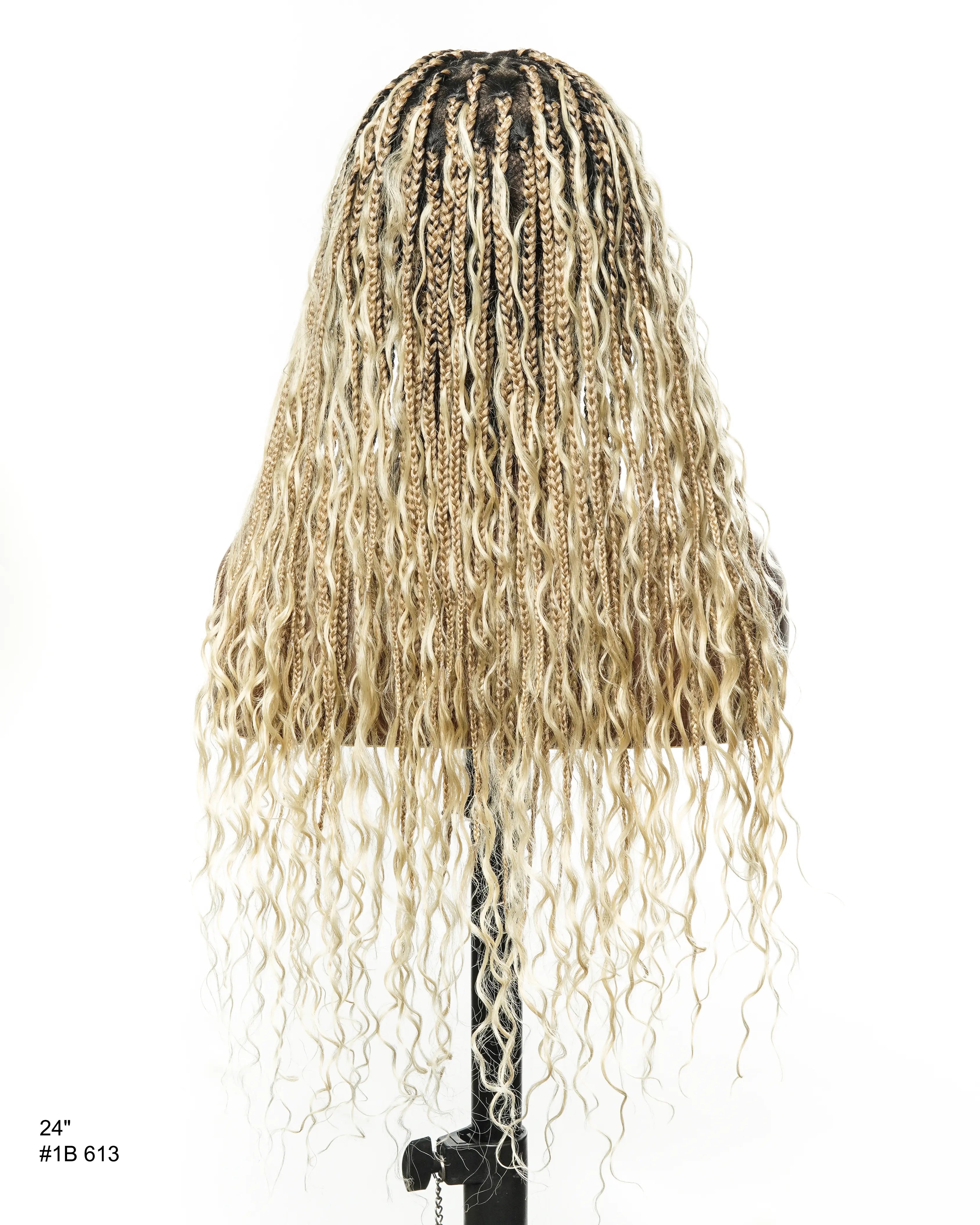 24" 613 Blond HD Full Lace Human Hair Boho Curls Colored Boho Box Braided Wig