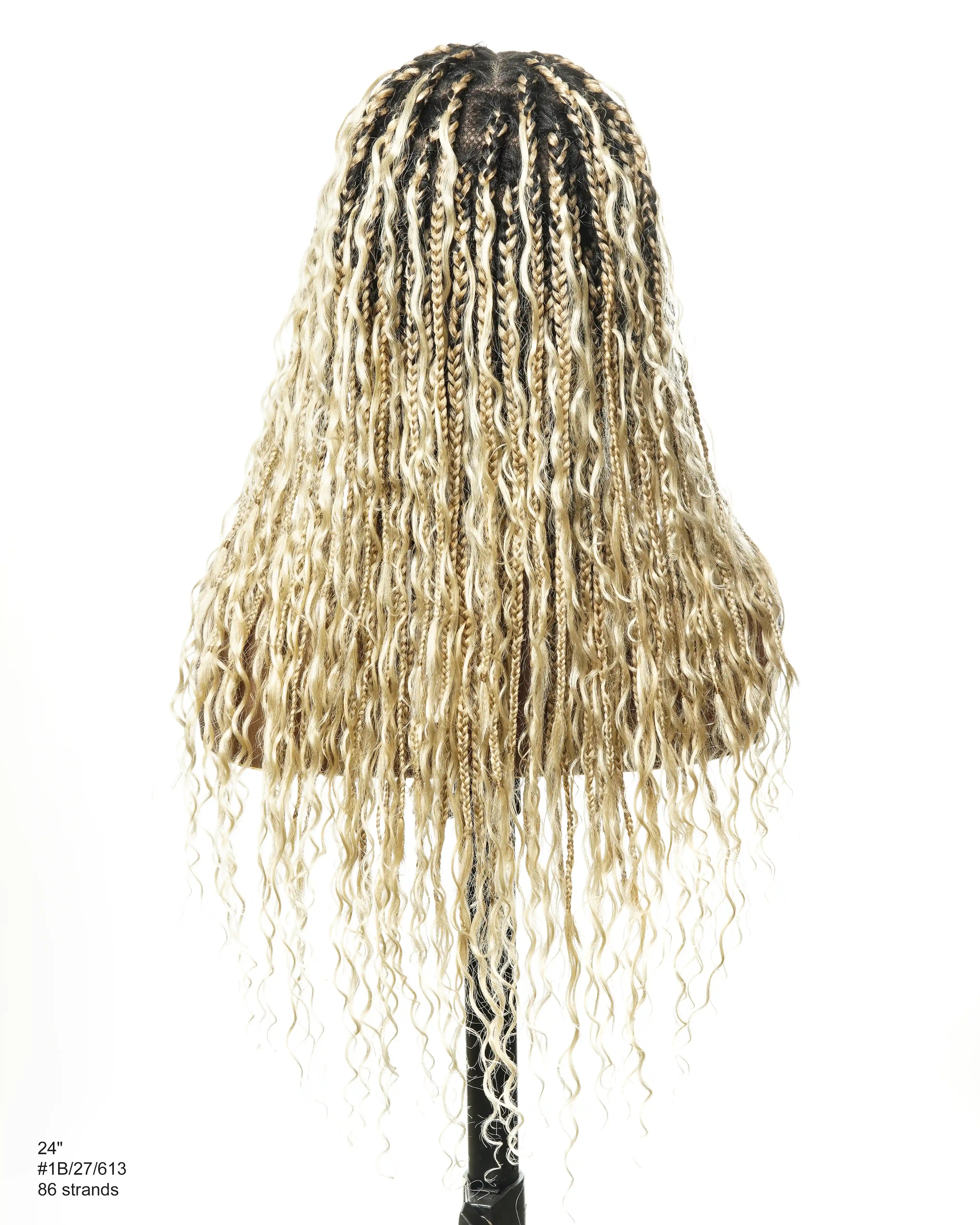 100% Hand-Tied Full Transparent Lace Human Hair Boho Curls Knotless Boho Box Braided Wig 86 Strands