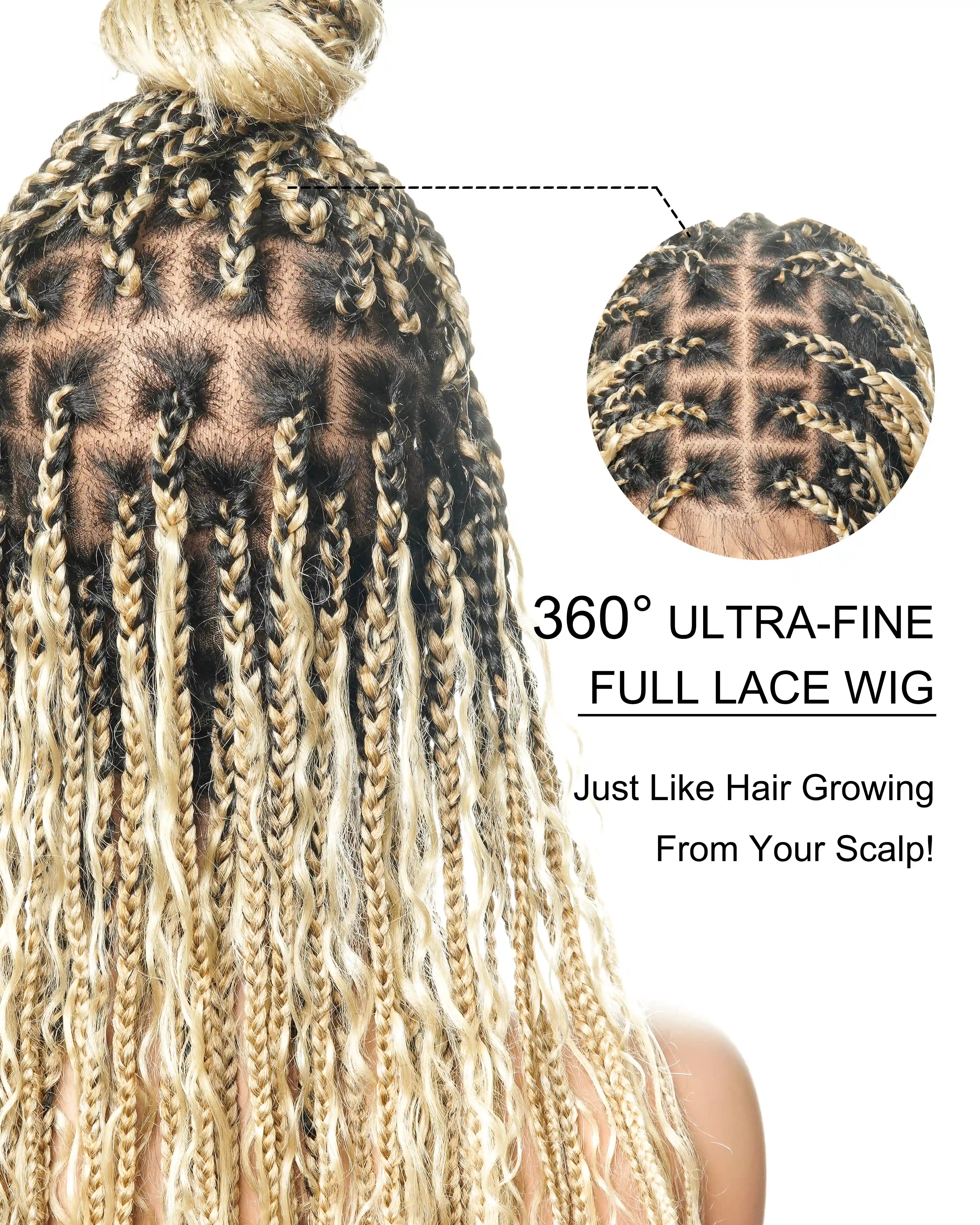 100% Hand-Tied Full Transparent Lace Human Hair Boho Curls Knotless Boho Box Braided Wig 86 Strands