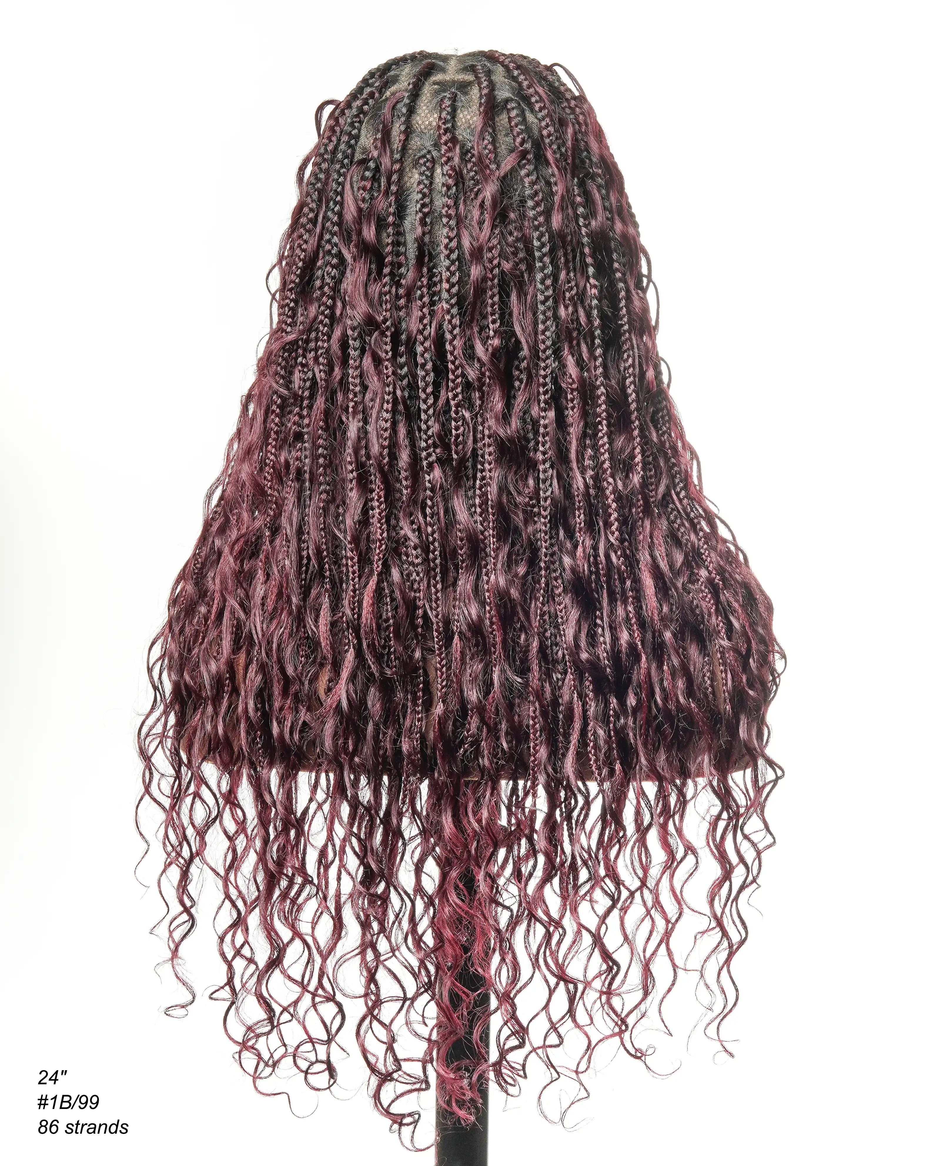 100% Hand-Tied Full Transparent Lace Human Hair Boho Curls Knotless Boho Box Braided Wig 86 Strands