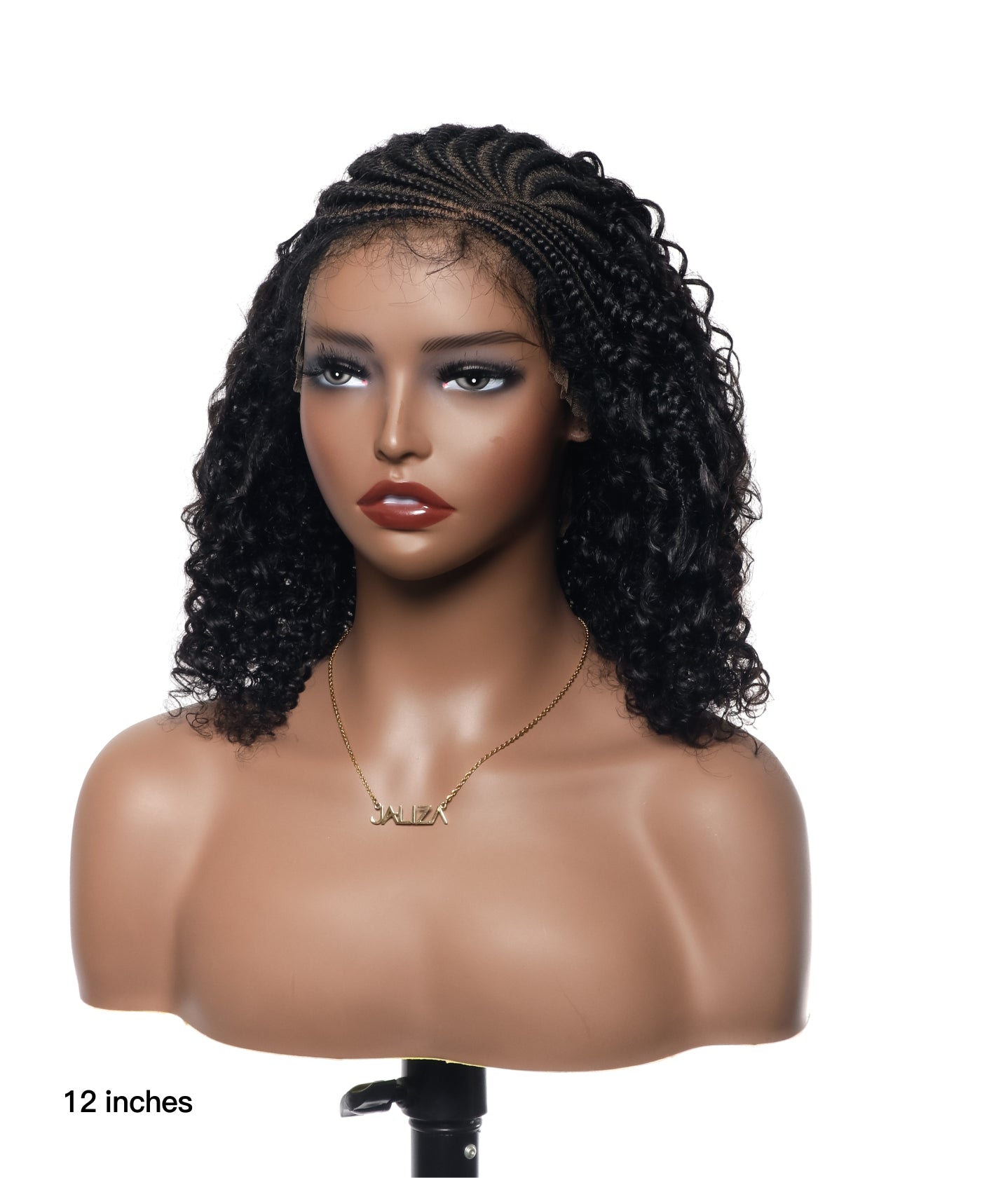 12" Cornrow Braid Front Weave Back Human Hair Curly Braided Wig
