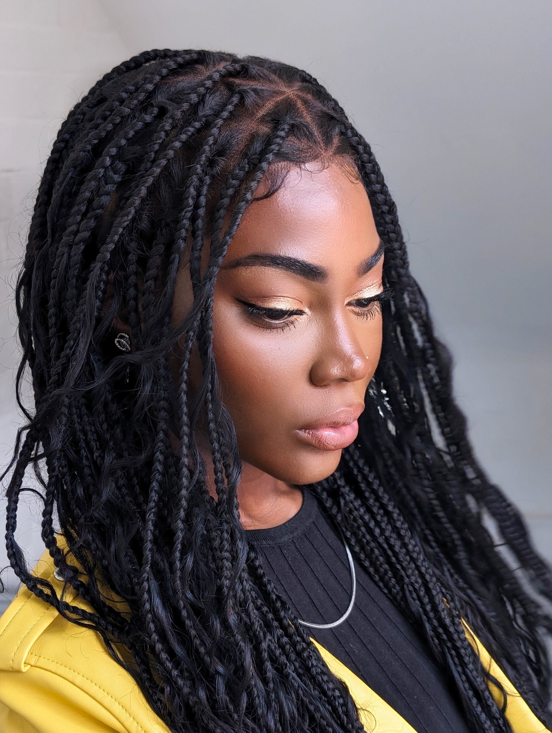 Large Head Size Exclusive - Triangle Base HD Full Lace Human Hair Boho Curls Knotless Boho Box Braided Wig 36"