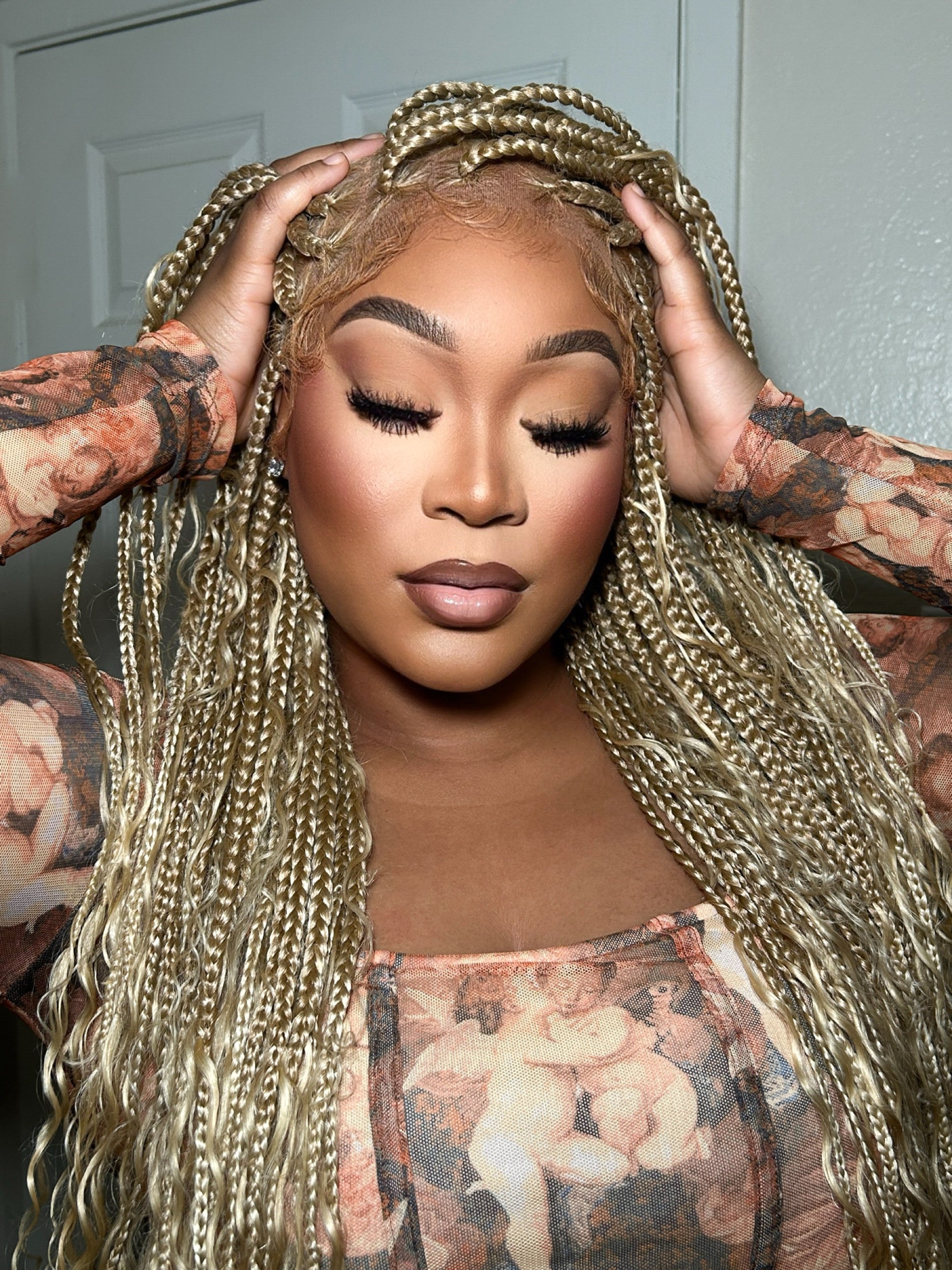 613 Color Square Base Human Hair Boho Curls Full Lace Knotless Boho Box Braided Wig 36" 86 Strands