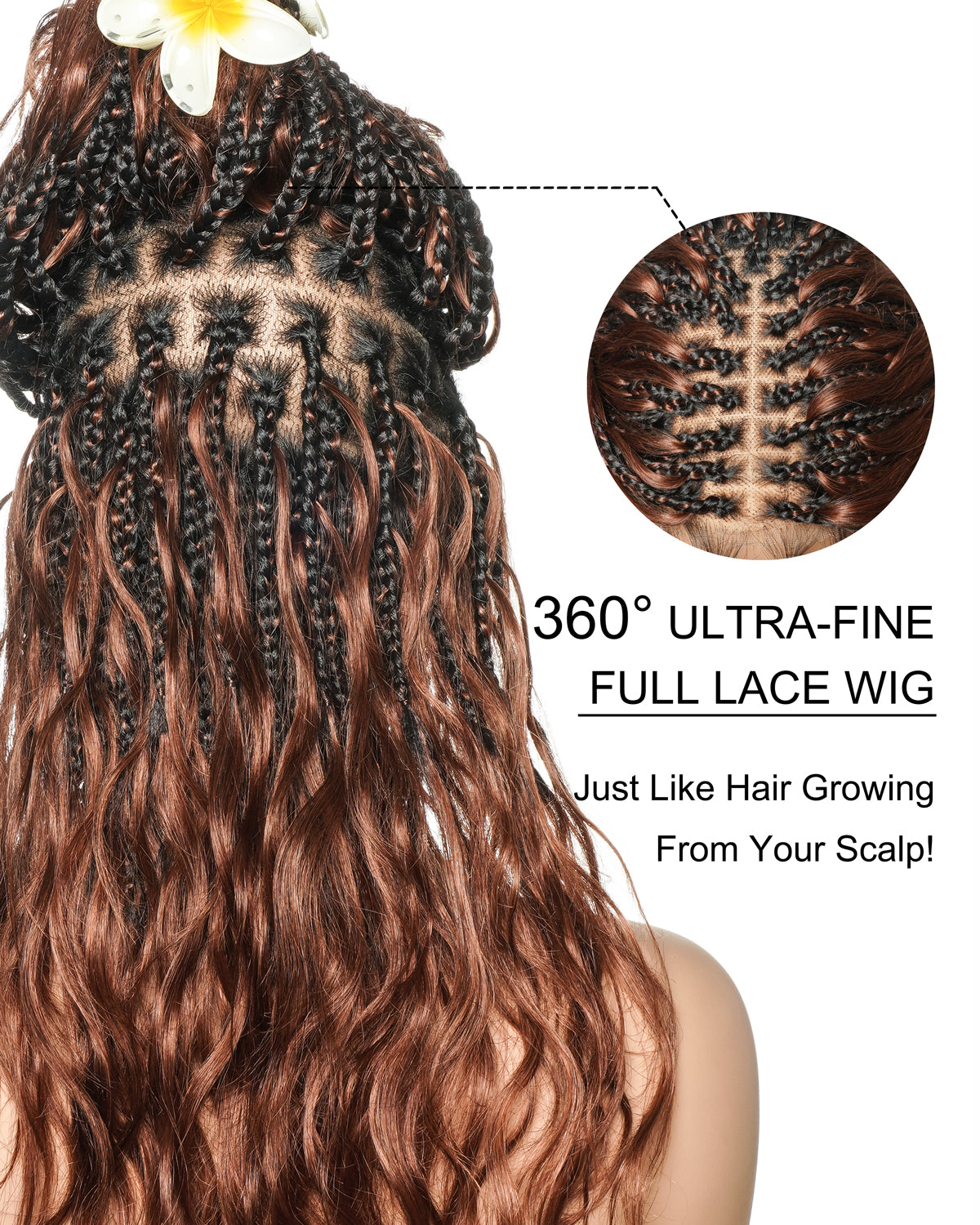 Michelle - Dark Auburn Brown Color #33 Glueless Human Hair Body Wave Curls Pre Bleached HD Full Lace Knotless Boho Box Braided Wig