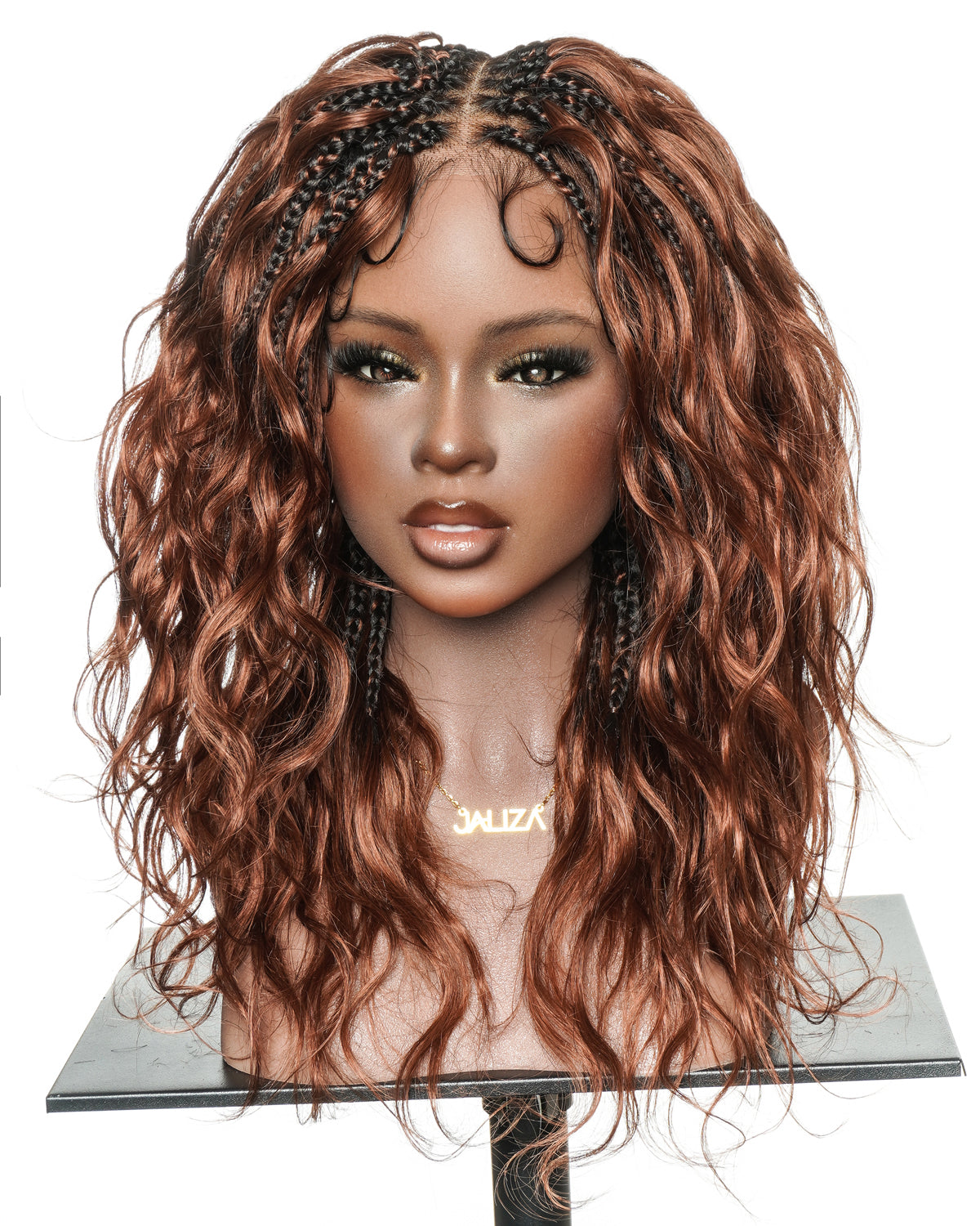 Michelle - Dark Auburn Brown Color #33 Glueless Human Hair Body Wave Curls Pre Bleached HD Full Lace Knotless Boho Box Braided Wig