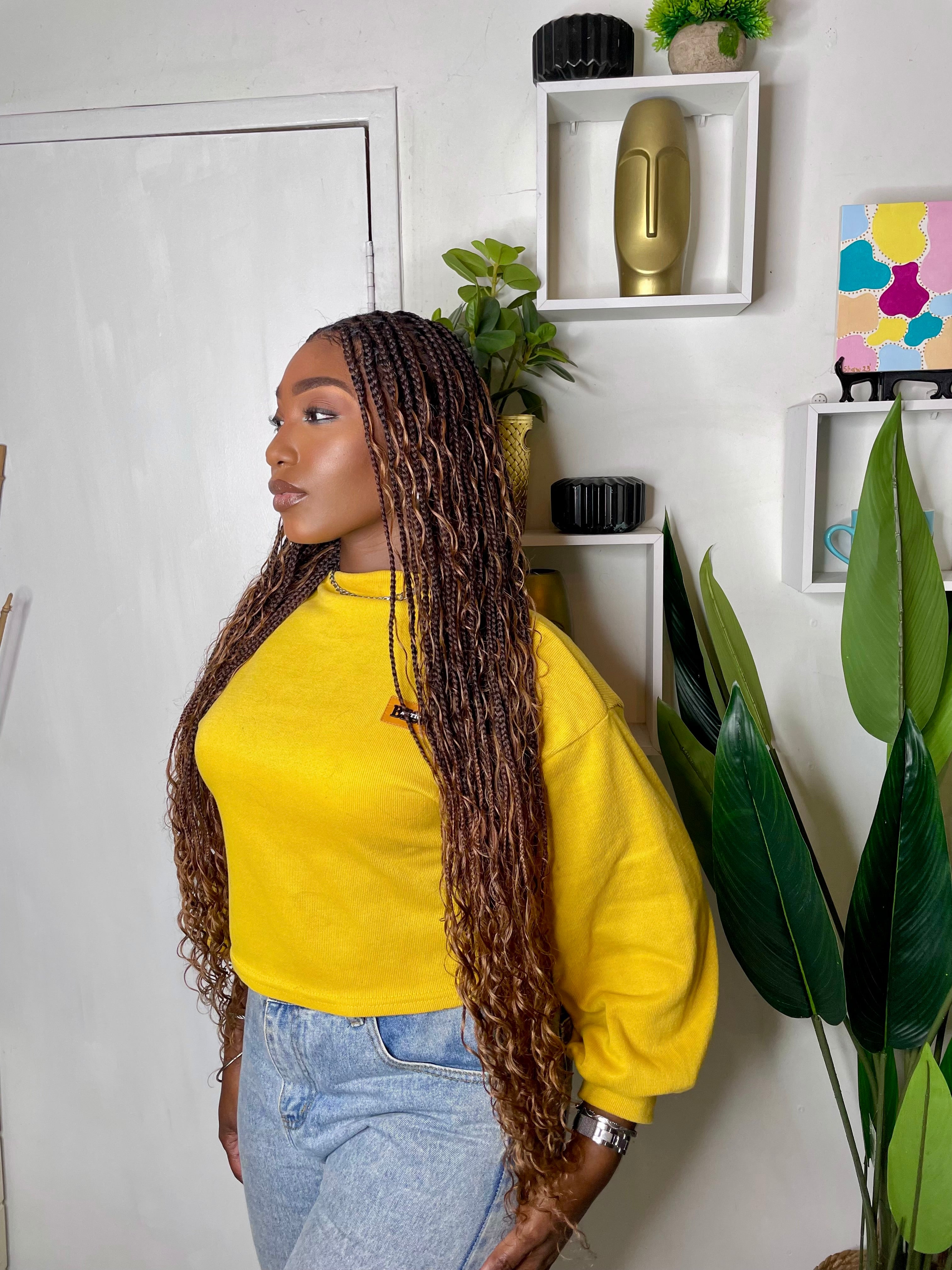 Swiss HD Full Lace Human Hair Boho Curls 36" Knotless Boho Box Braided Wig