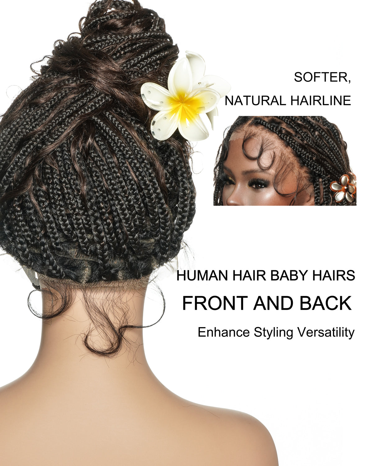 36" Human Hair Boho Curls Swiss HD Lace Knotless Box Braided Wig Full Hand-tied - Human Baby Hair