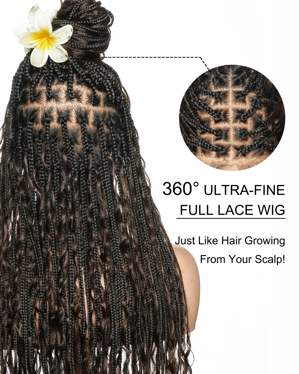 36" Human Hair Boho Curls HD Lace Knotless Box Braided Wig Full Hand-tied - Human Baby Hair