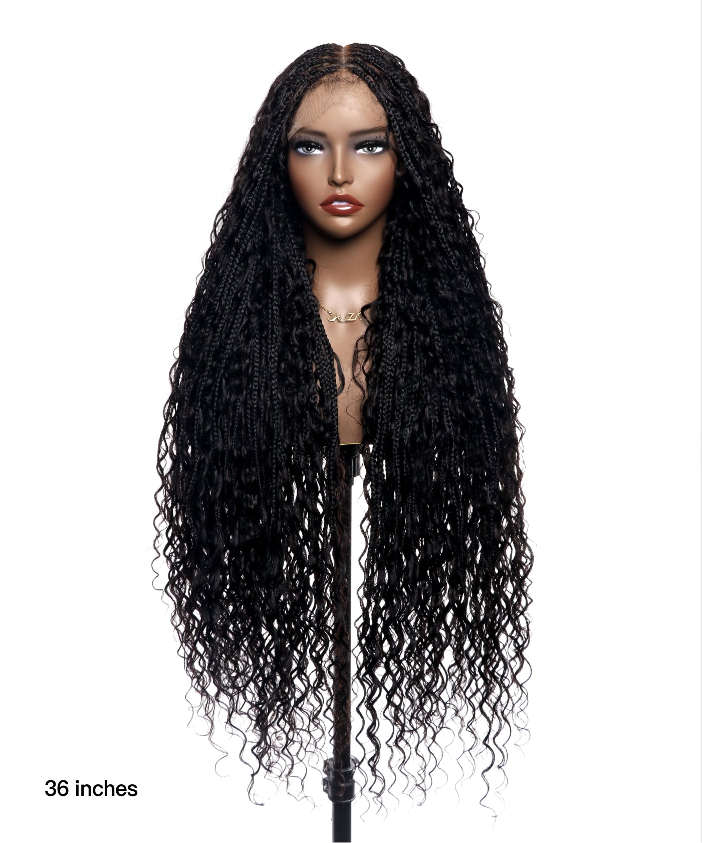 A 36-inch long black human hair wig with a boho box braided style displayed on a mannequin head.