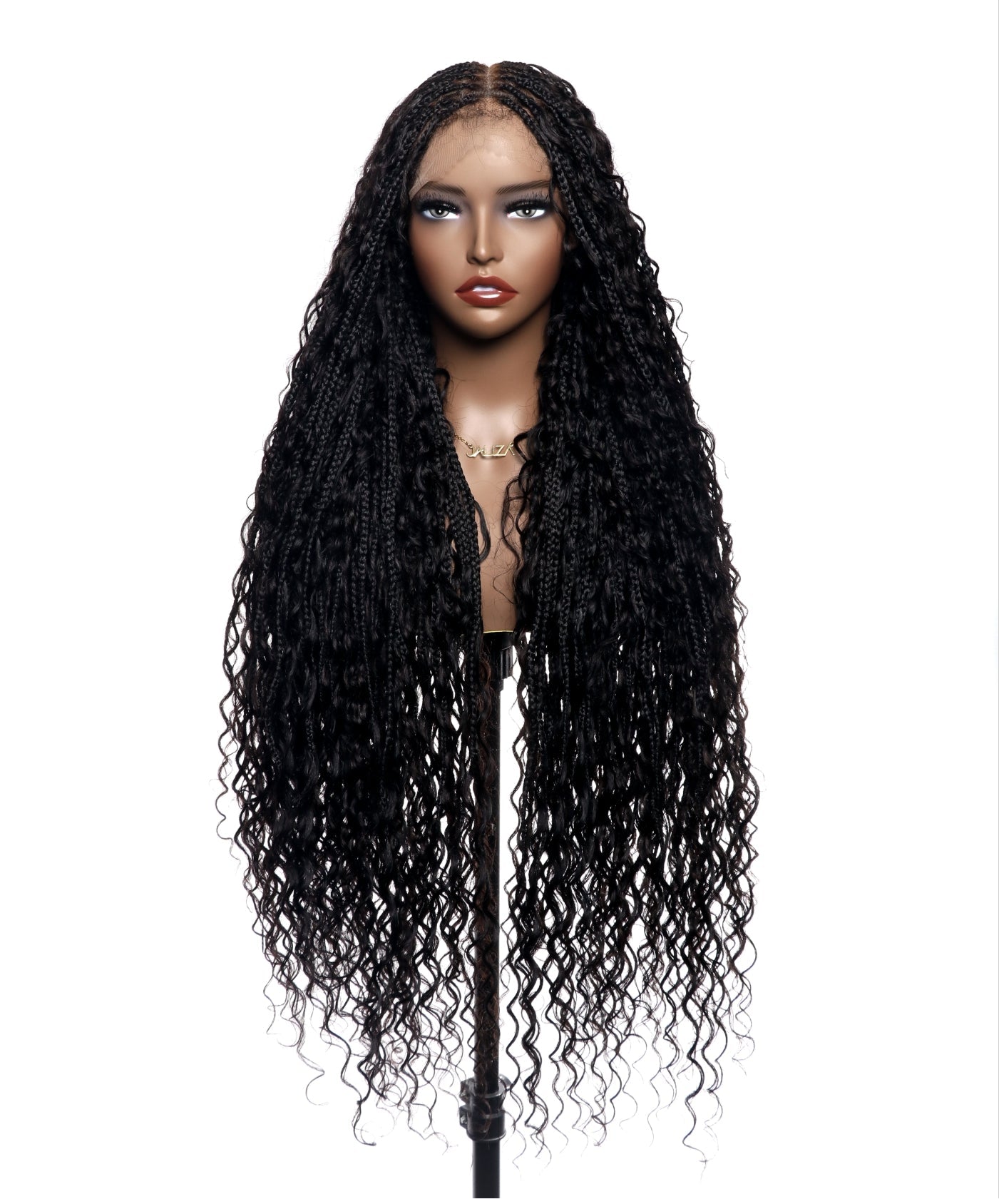 A 36-inch long black human hair wig with a boho box braided style displayed on a mannequin head.