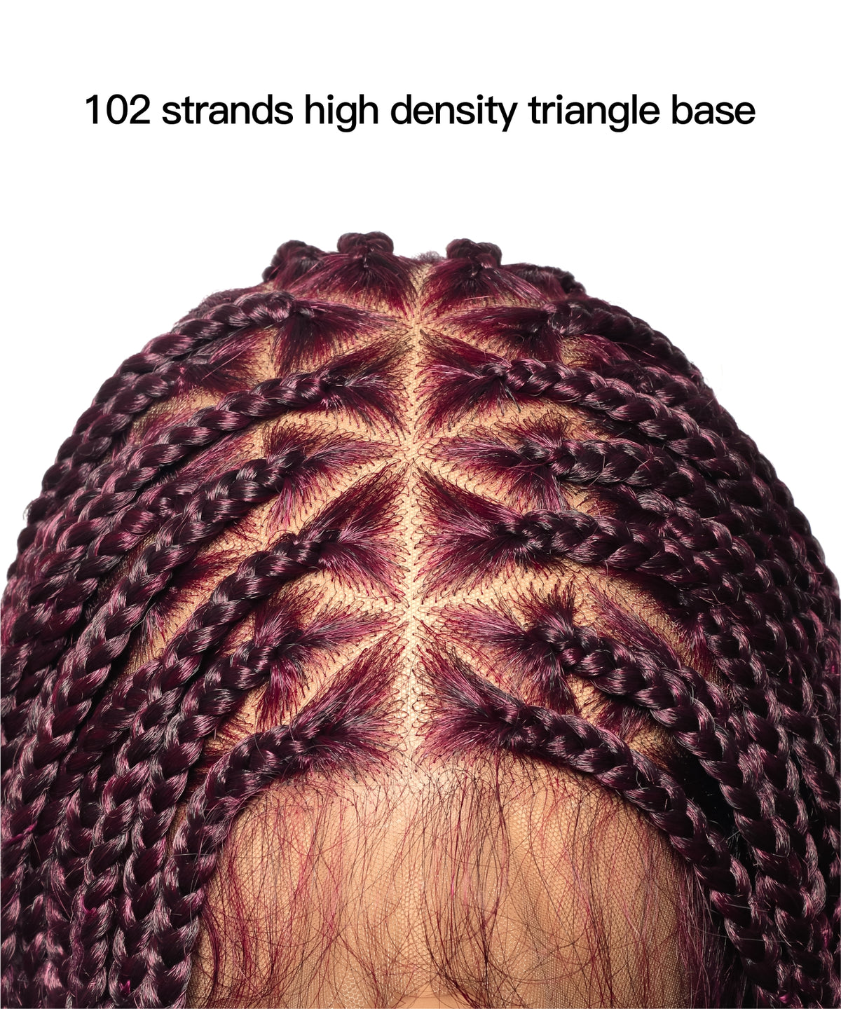 JALIZA High Density Triangle Base Knotless Boho Box Braided Wig 36" with 102 strands in Burgundy — close-up top view showing the triangle-parting lace base and neat knotless braid roots