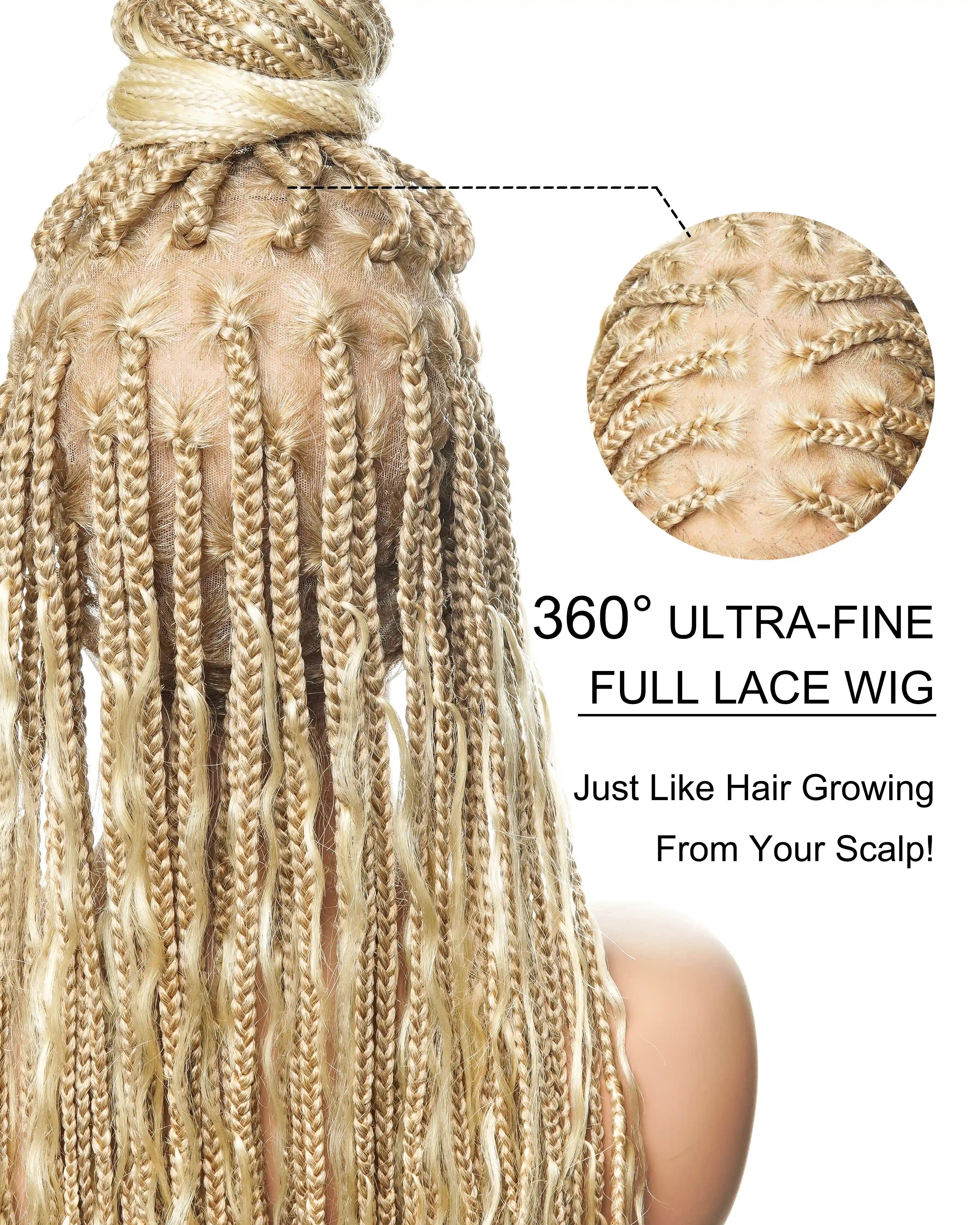 24" 613 Blond HD Full Lace Human Hair Boho Curls Colored Boho Box Braided Wig