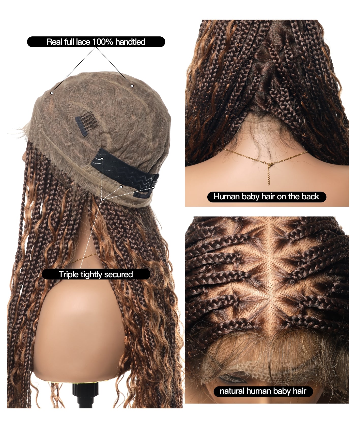 Triangle Base Full Lace Tangleless Human Hair Boho Curls Knotless Boho Box Braided Wig 36"(US only)