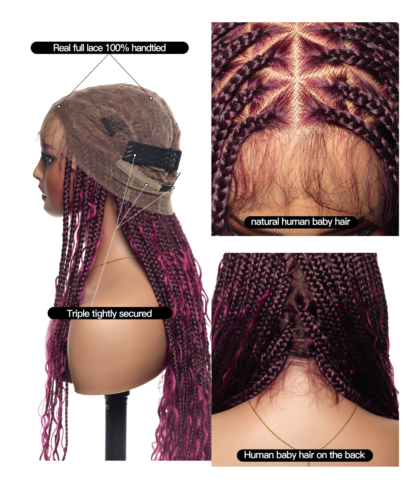 Triangle Base Full Lace Tangleless Human Hair Boho Curls Knotless Boho Box Braided Wig 36"(US only)