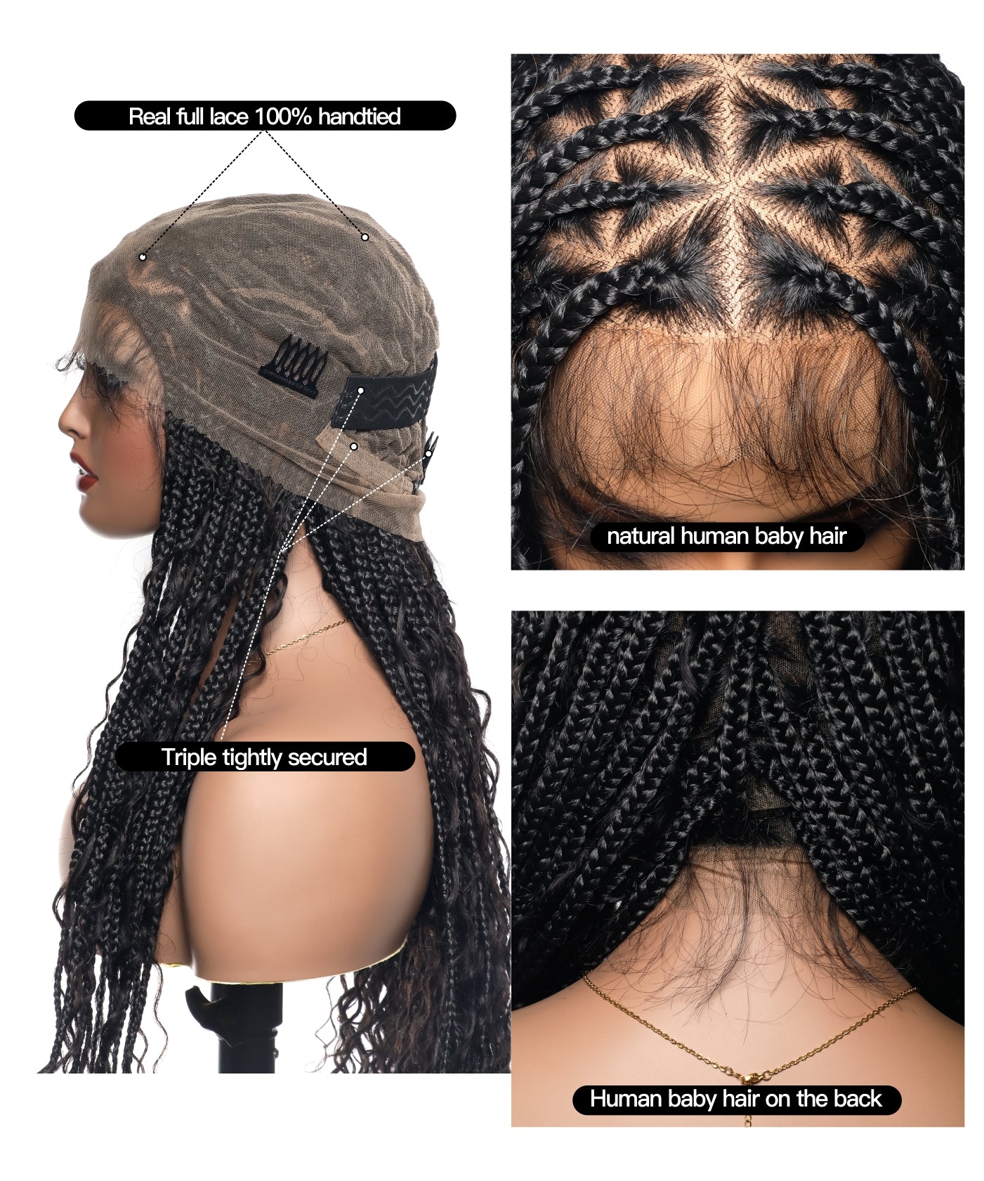 Triangle Base Full Lace Tangleless Human Hair Boho Curls Knotless Boho Box Braided Wig 36"(US only)