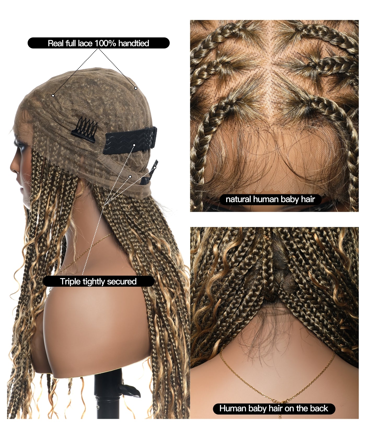 Triangle Base Full Lace Tangleless Human Hair Boho Curls Knotless Boho Box Braided Wig 36"(US only)