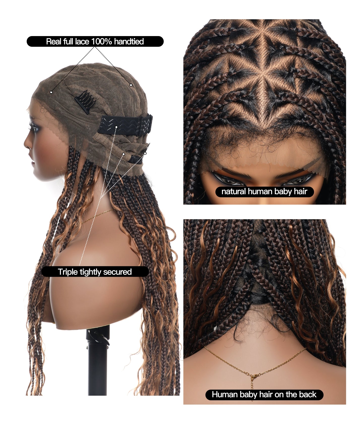 Triangle Base Full Lace Tangleless Human Hair Boho Curls Knotless Boho Box Braided Wig 36"(US only)