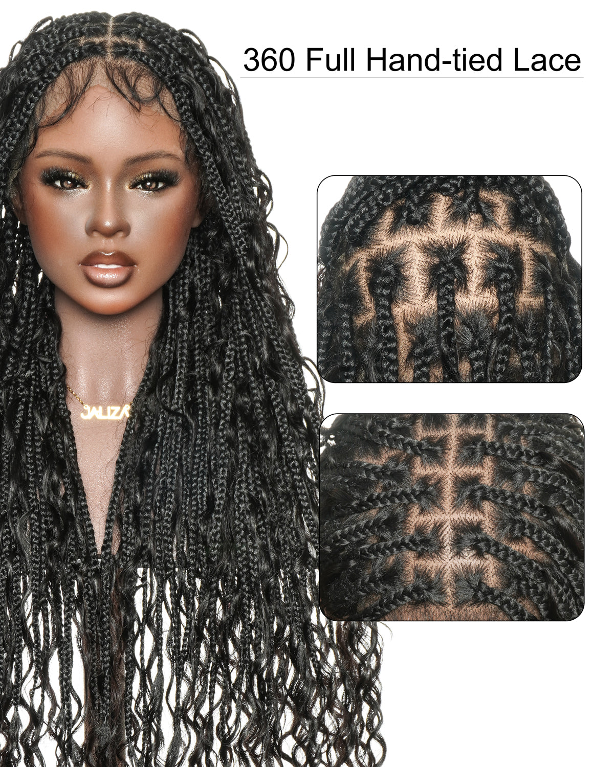 Mila - 34" 100% Hand-tied Full Lace Human Hair Boho Curls Knotless Boho Braided Wig 88 Strands (Lightweight Volume)