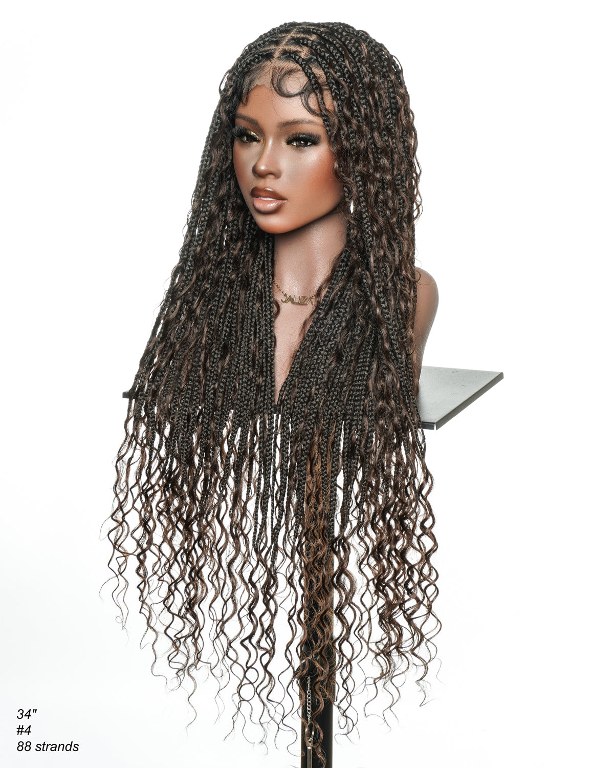 Mila - 34" 100% Hand-tied Full Lace Human Hair Boho Curls Knotless Boho Braided Wig 88 Strands (Lightweight Volume)