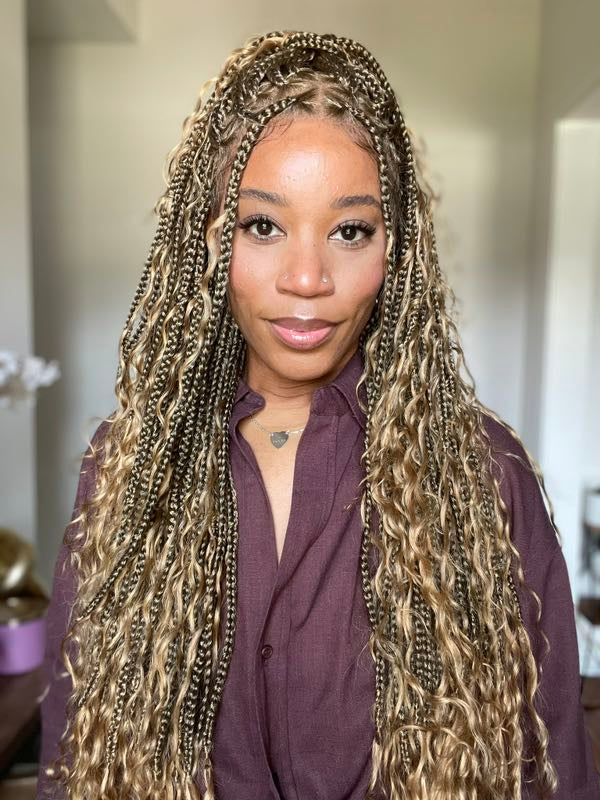 Triangle Base Full Lace Tangleless Human Hair Boho Curls Knotless Boho Box Braided Wig 36"(US only)
