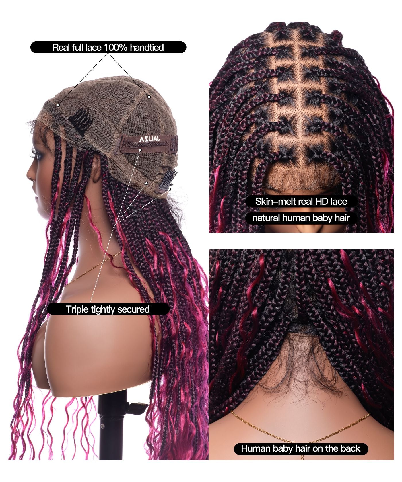 Large Head Size Exclusive - HD Full Lace Human Hair Boho Curls 36" Knotless Boho Box Braided Wig
