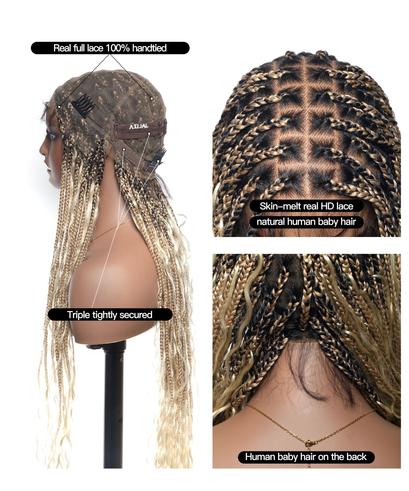Large Head Size Exclusive - HD Full Lace Human Hair Boho Curls 36" Knotless Boho Box Braided Wig