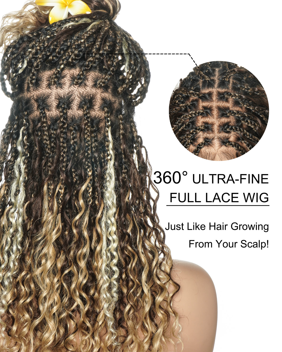 Solana - Human Hair Pre Bleached Lace Swiss HD Full Lace Blend Color 1B 4 30 27 613 Human Hair Boho Style Boho Box Braided Wig
